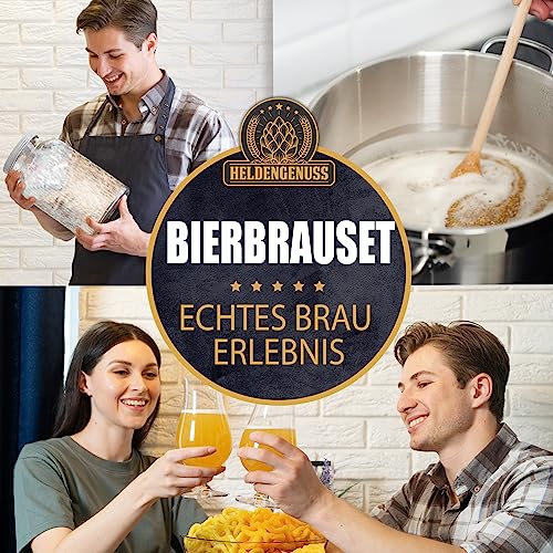 Heldengenuss brewing kit in use, showing brewing steps and two people toasting with homemade beer at home.