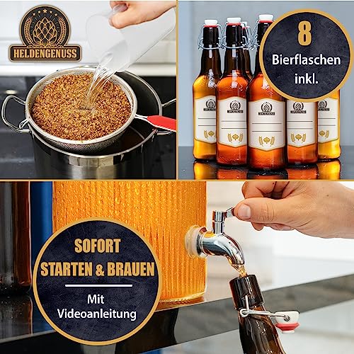 Heldengenuss brewing kit in use, showing grain infusion, 8 reusable bottles, and beer pouring from a fermentation jar.