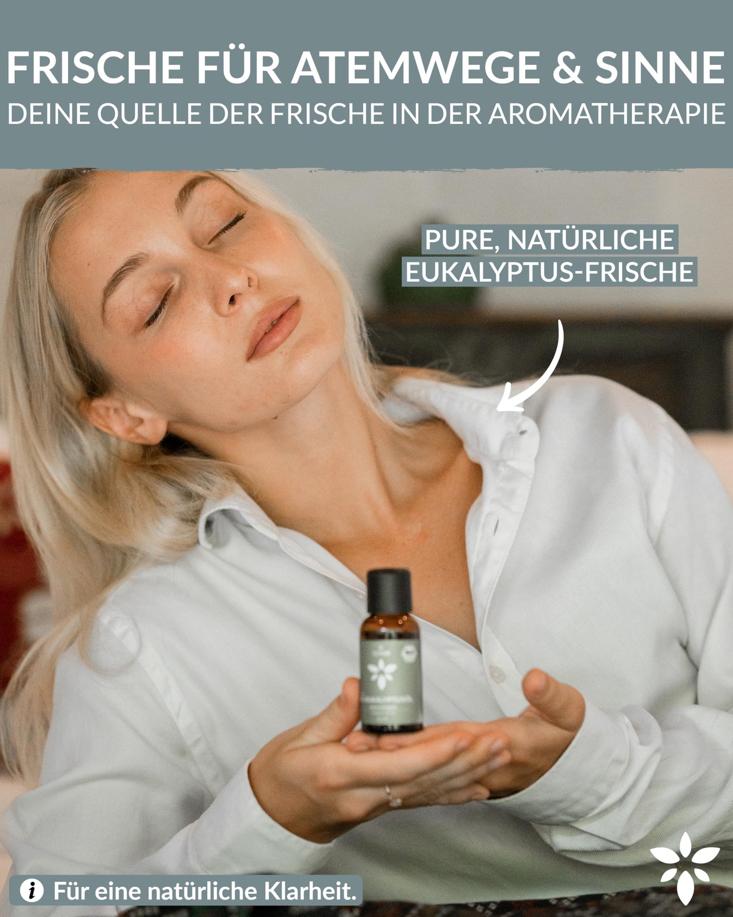 Woman holding a bottle of Heldengrun Organic Essential Oil 30ml