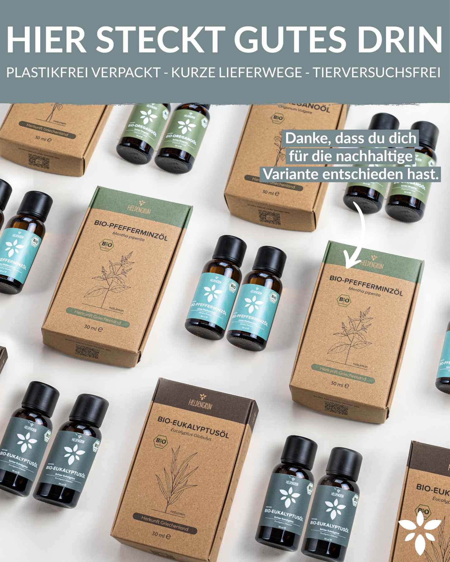 Bottles with box of Heldengrun Organic Essential Oil 30ml