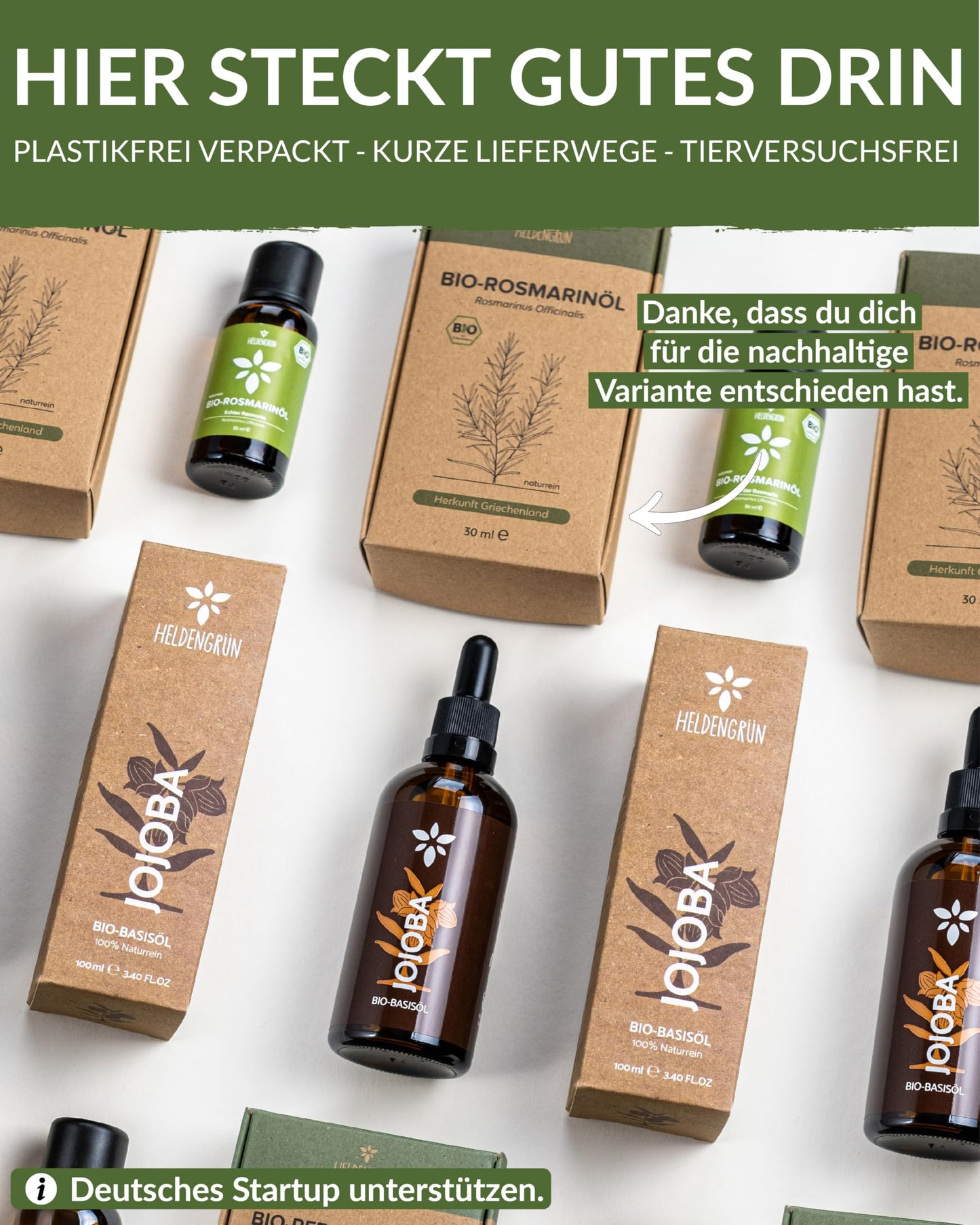 Bottles with box of Heldengrun Organic Essential Oil 30ml