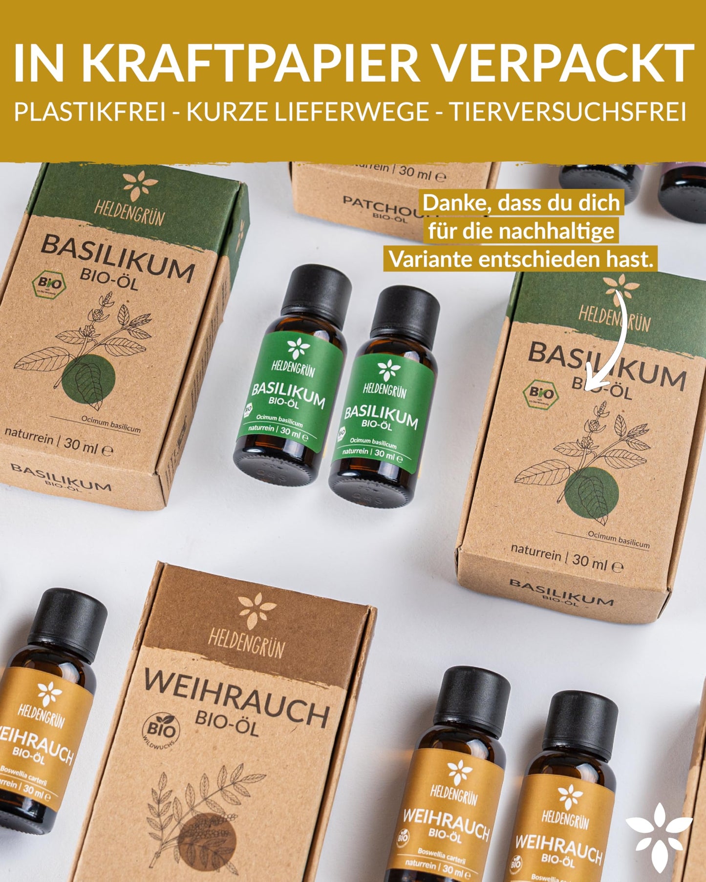 Bottles with box of Heldengrun Organic Essential Oil 30ml