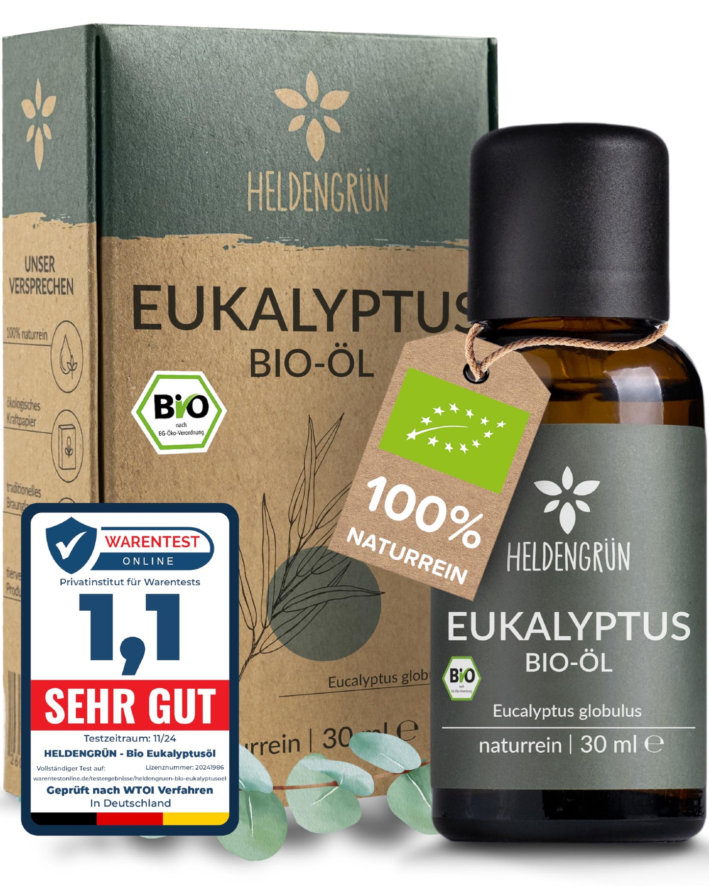 One bottle with box of Heldengrün Organic Essential Oil Eukalyptus