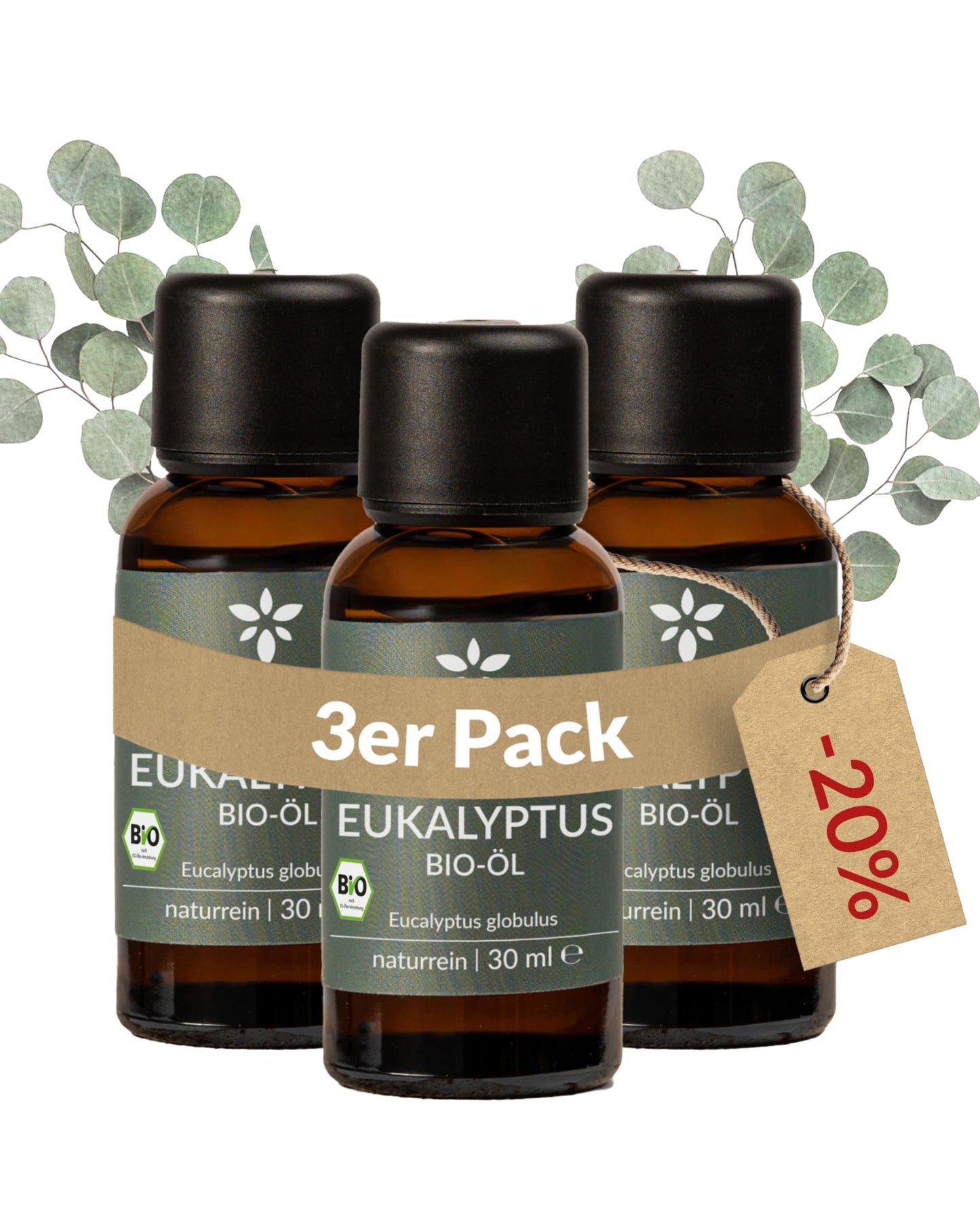 Three bottles of Heldengrün Organic Essential Oil Eukalyptus