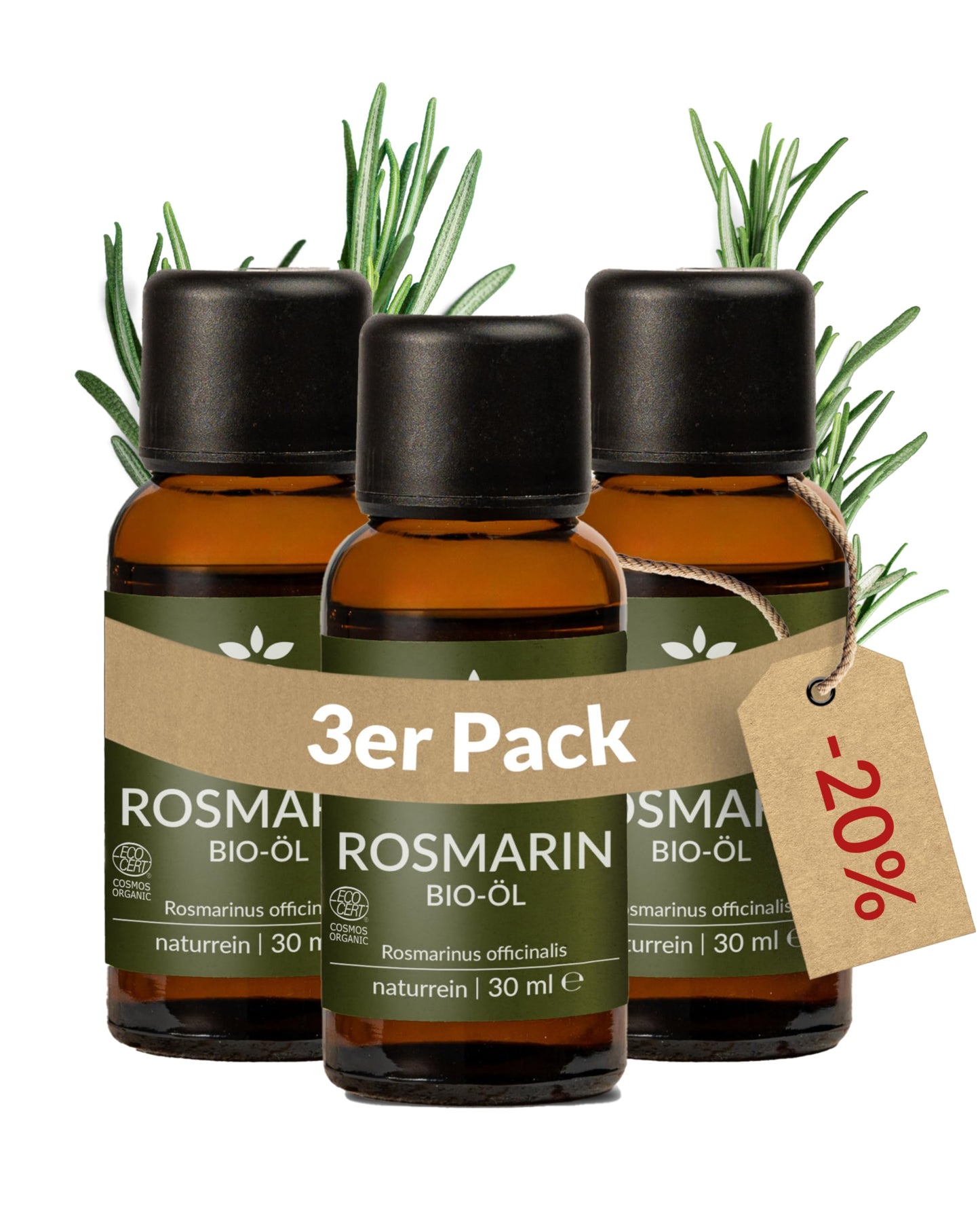 Three bottles of Heldengrun Organic Essential Oil Rosmarin