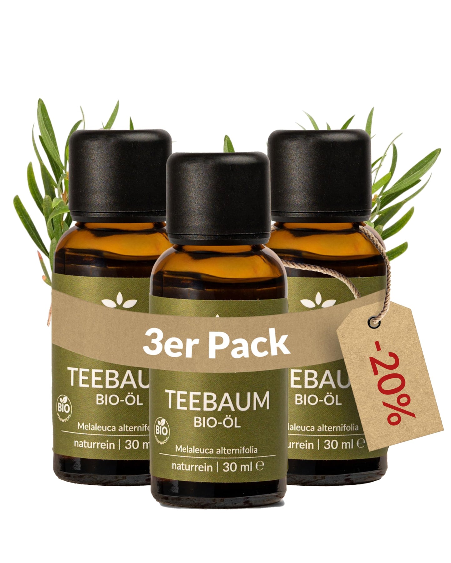 Three bottles of Heldengrun Organic Essential Oil Teebaum