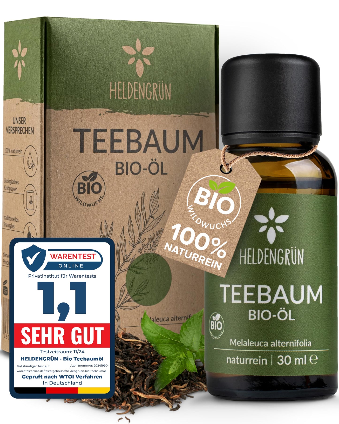 One bottle with box ofHeldengrun Organic Essential Oil 30ml Teebaum