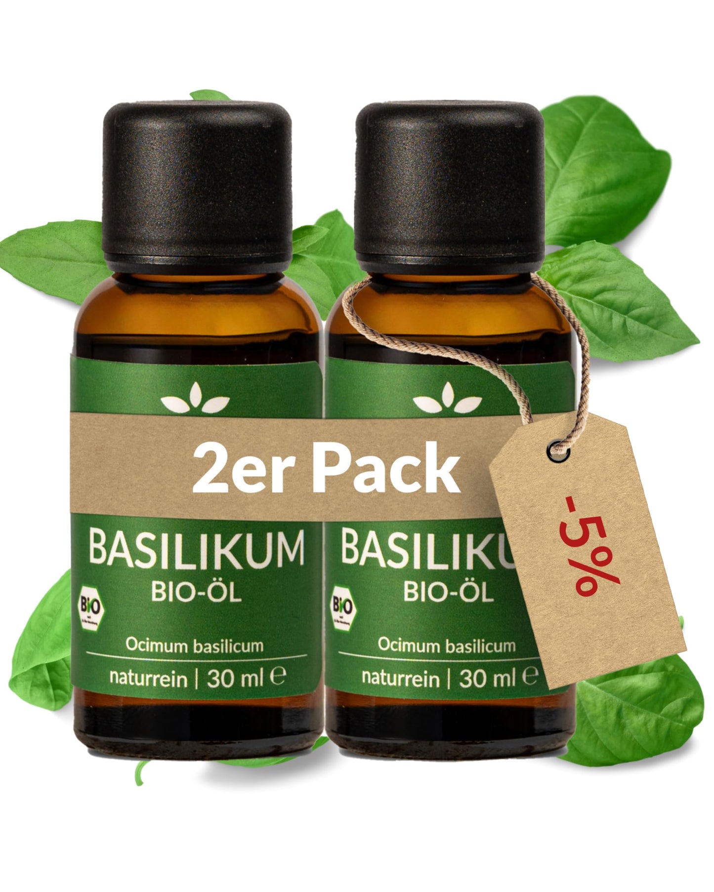 Two bottles of Heldengrun Organic Essential Oil 30ml basilikum