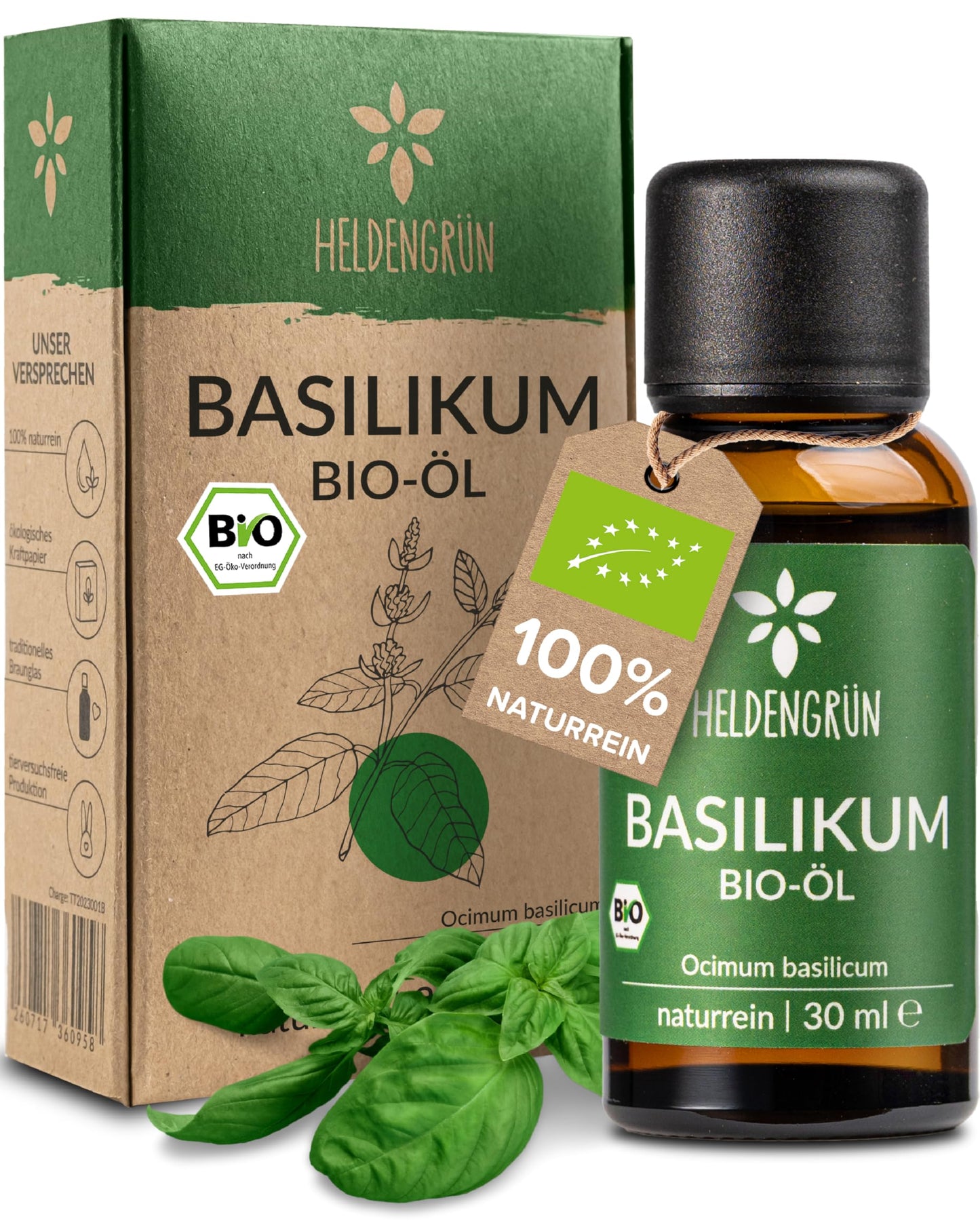 One bottle with box of Heldengrun Organic Essential Oil 30ml basilikum