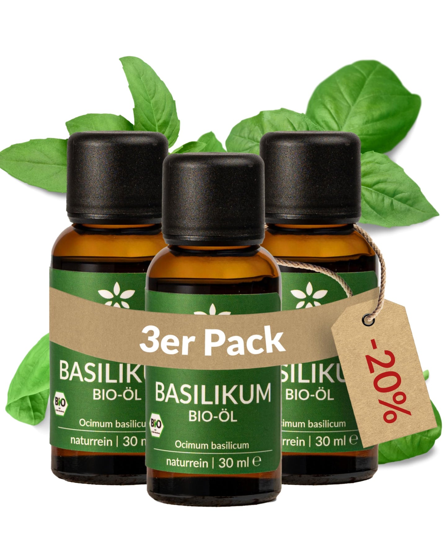Three bottles of Heldengrun Organic Essential Oil 30ml basilikum