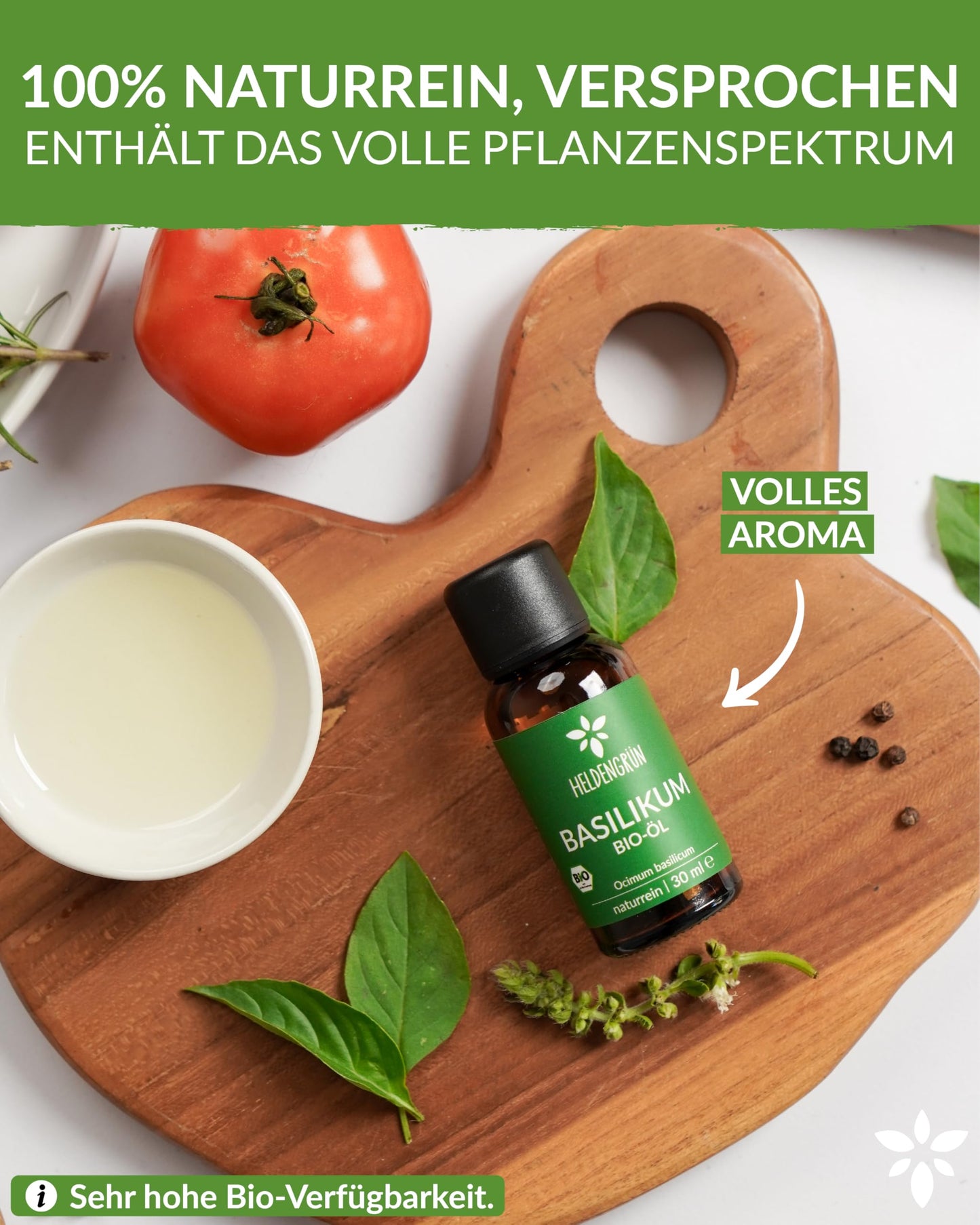 A bottle of Heldengrun Organic Essential Oil 30ml basilikum
