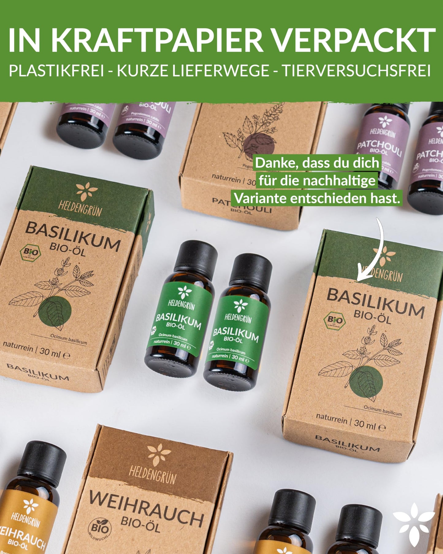 Bottles of Heldengrun Organic Essential Oil 30ml basilikum