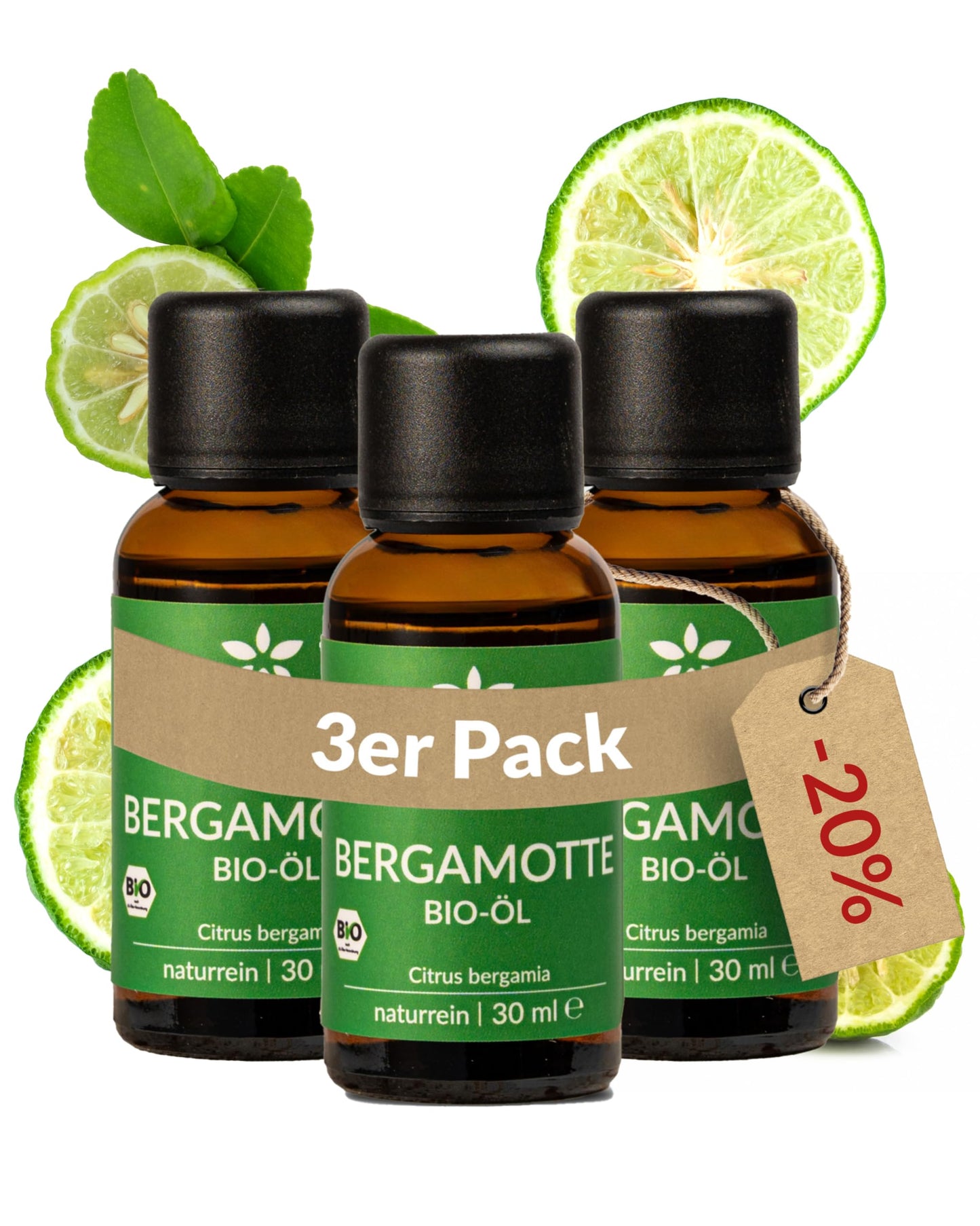 Three bottles of Heldengrun Organic Essential Oil 30ml bergamotte