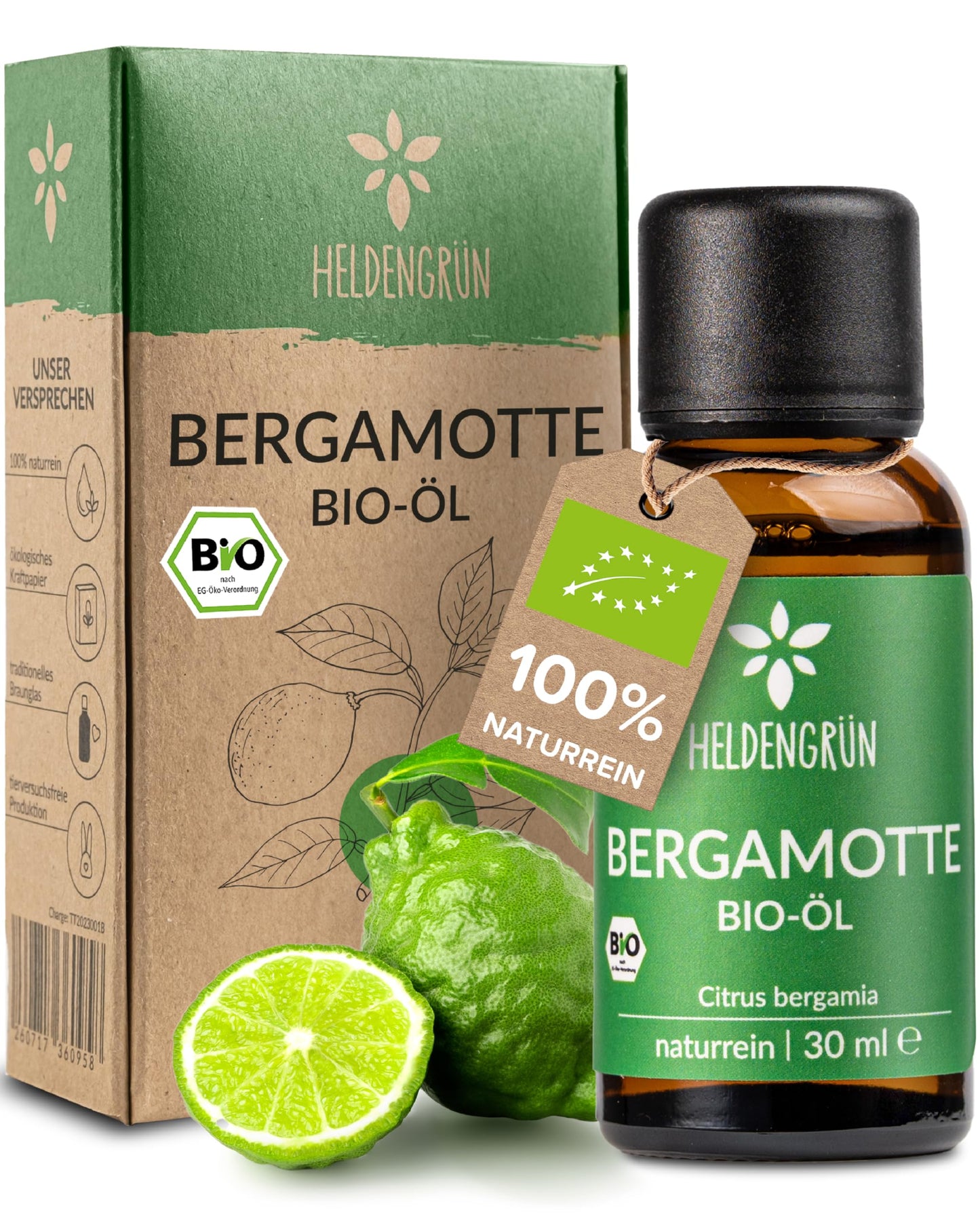 One bottle with box of Heldengrun Organic Essential Oil 30ml bergamotte