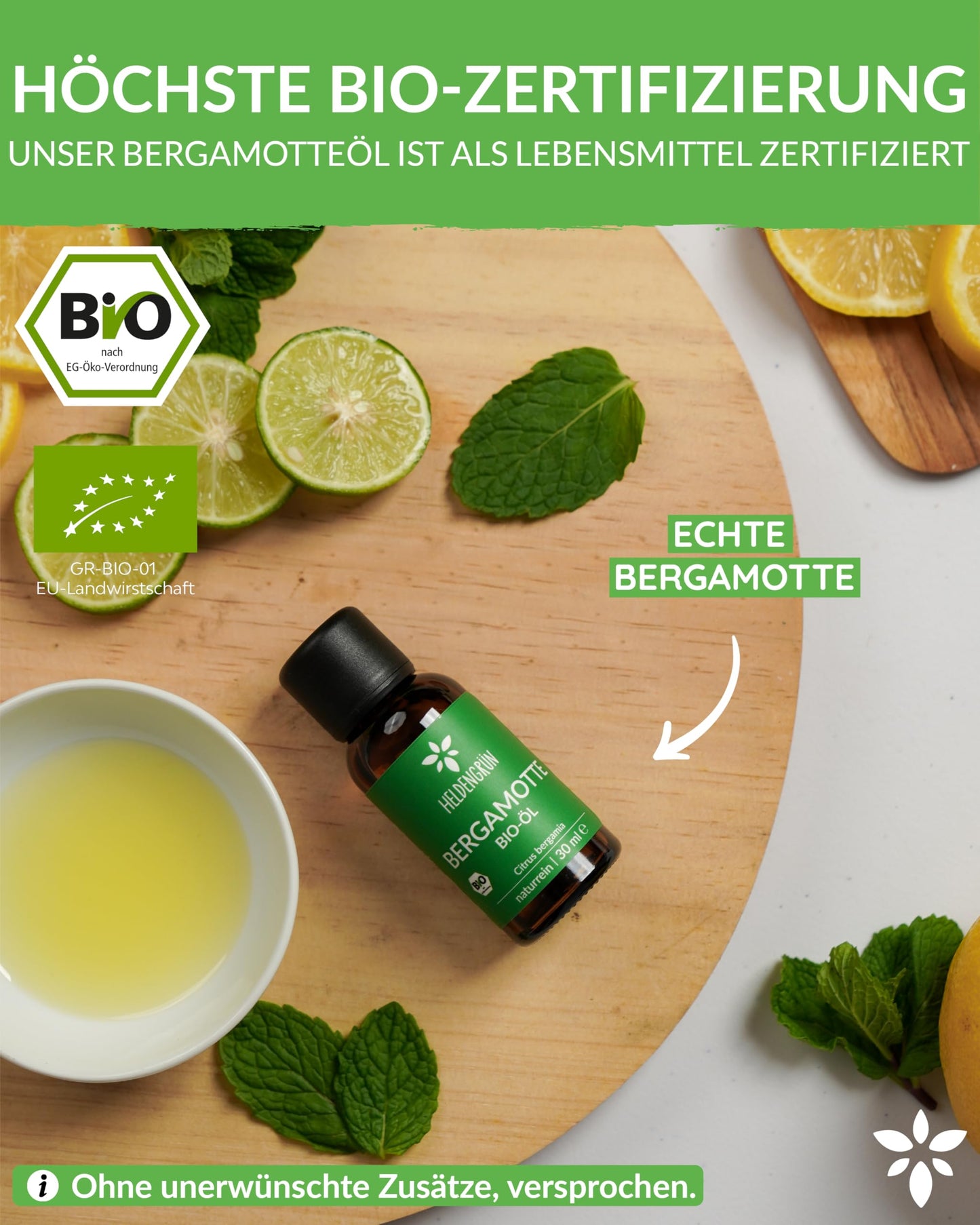 A bottle of Heldengrun Organic Essential Oil 30ml bergamotte