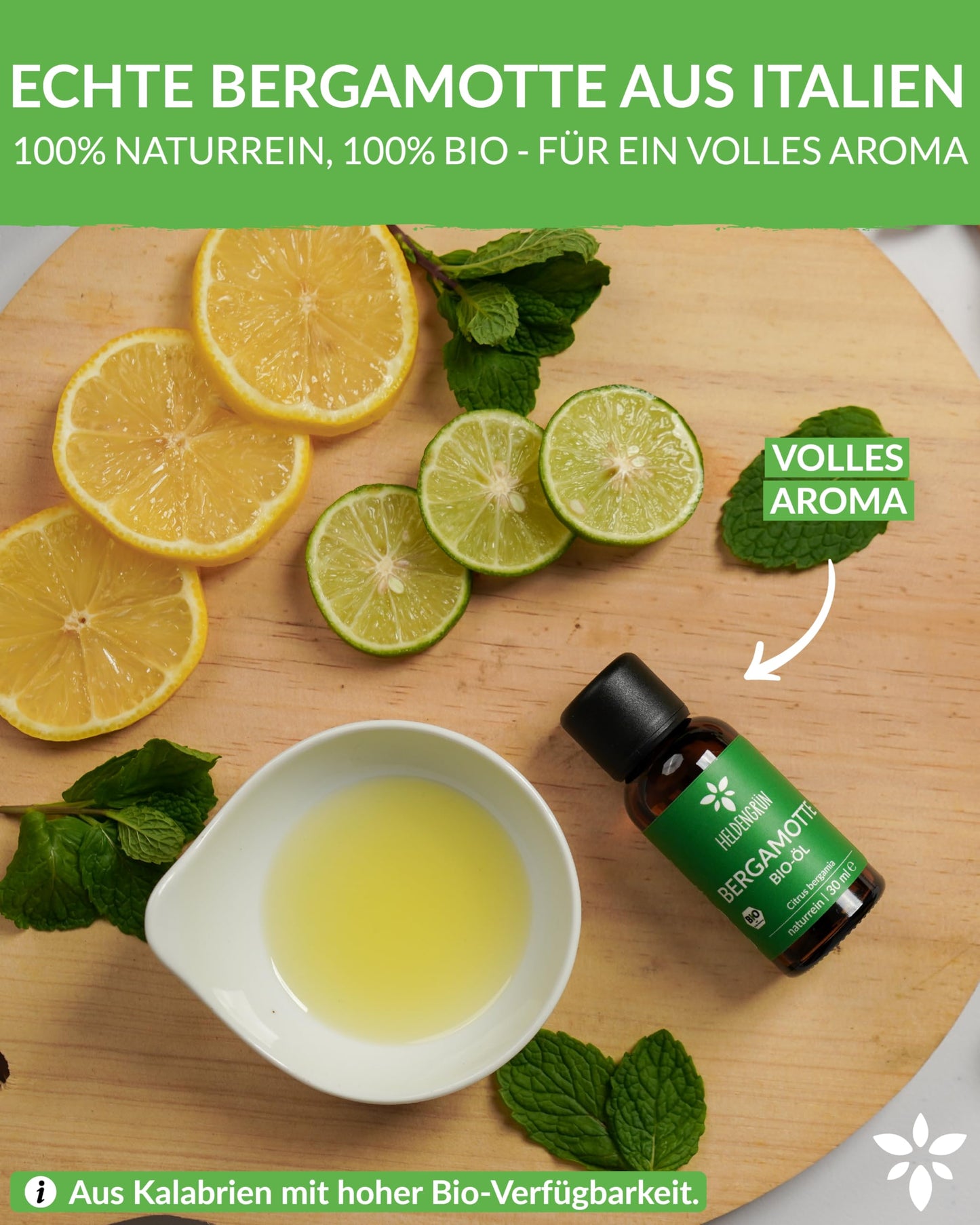 A bottle of Heldengrun Organic Essential Oil 30ml bergamotte
