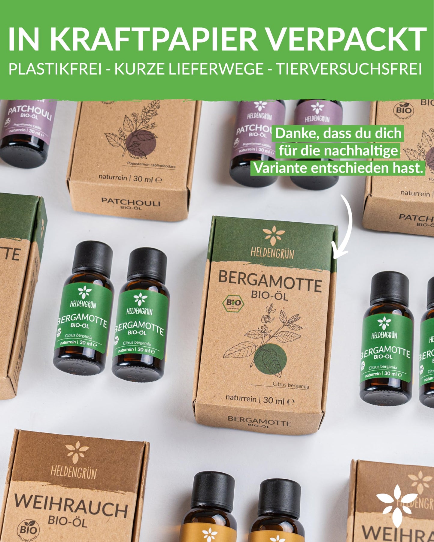 Bottles with box of Heldengrun Organic Essential Oil 30ml