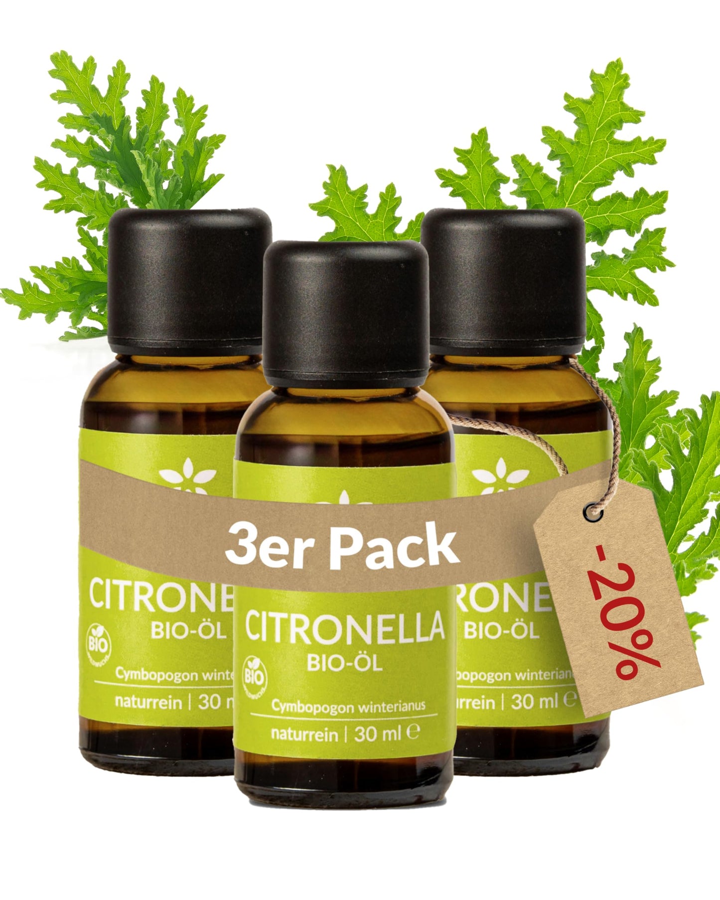 Three bottles of Heldengrun Organic Essential Oil 30ml citronella