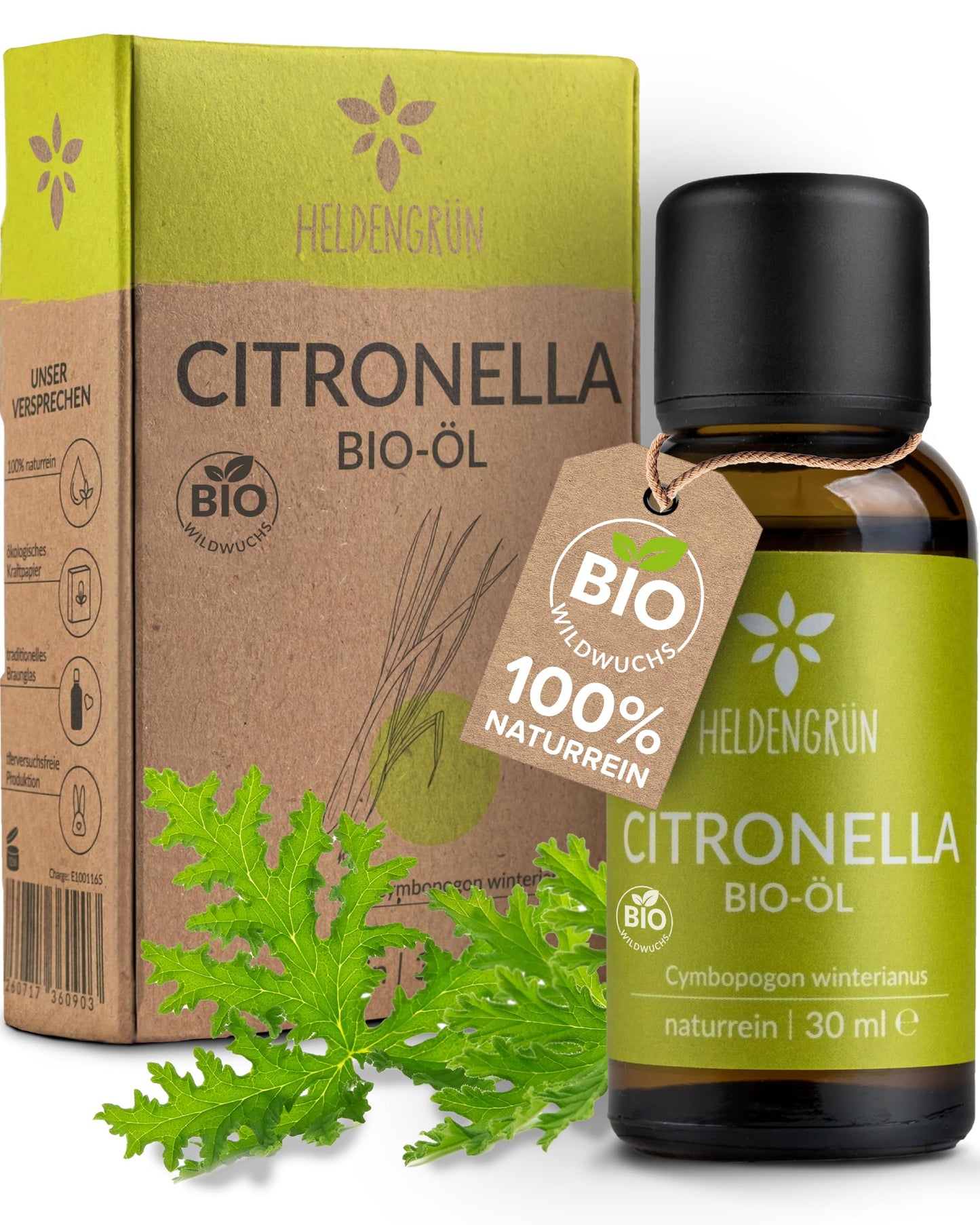 One bottle with box of Heldengrun Organic Essential Oil 30ml citronella