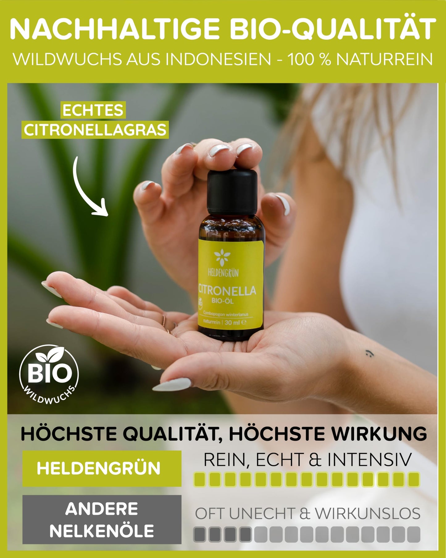 A bottle of Heldengrun Organic Essential Oil 30ml citronella