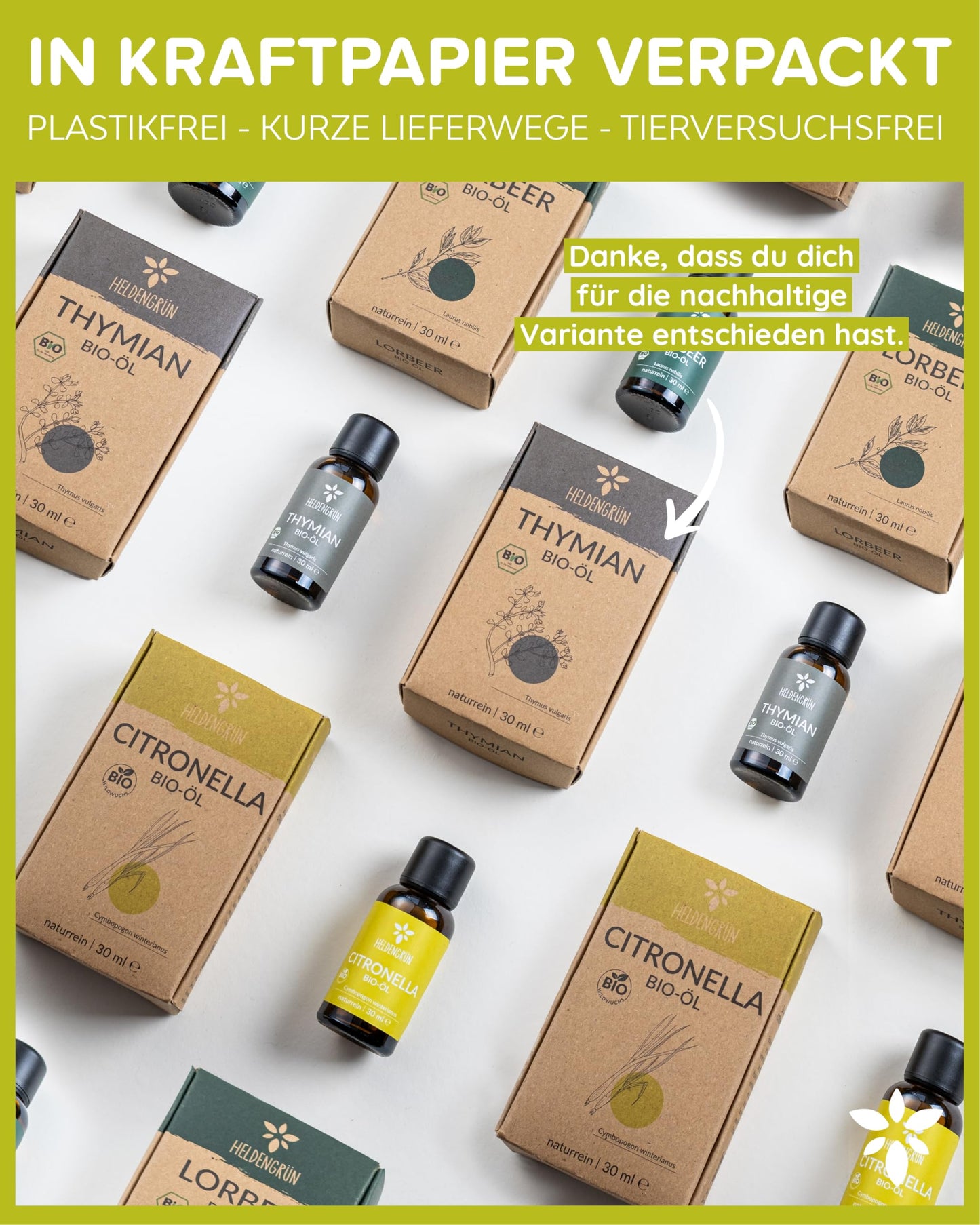 Bottles with box of Heldengrun Organic Essential Oil 30ml