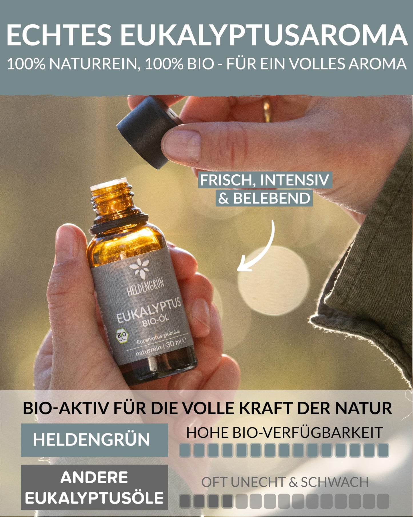 A bottle of Heldengrun Organic Essential Oil 30ml eukalyptus