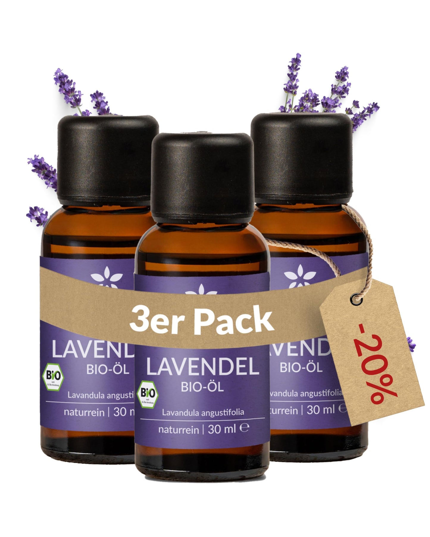 Three bottles of Heldengrun Organic Essential Oil 30ml lavendel