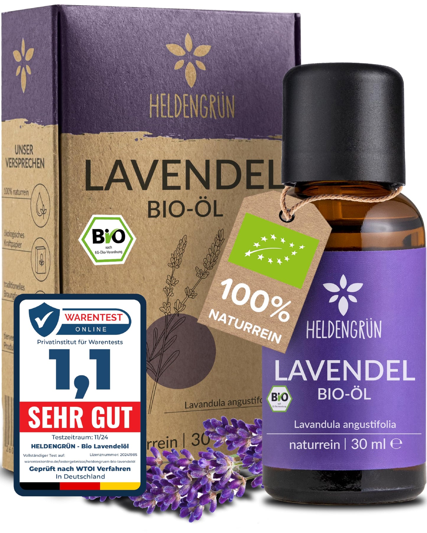 One bottle with box of Heldengrun Organic Essential Oil 30ml lavendel
