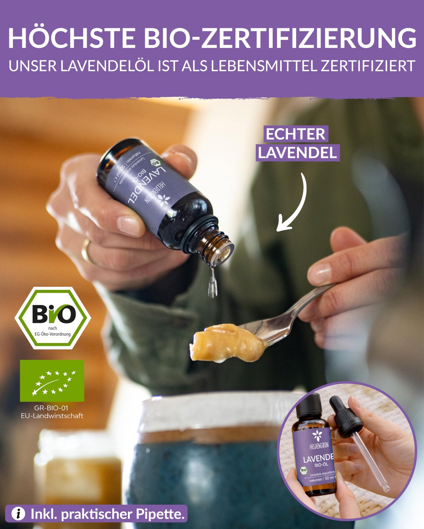 A bottle of Heldengrun Organic Essential Oil 30ml lavendel
