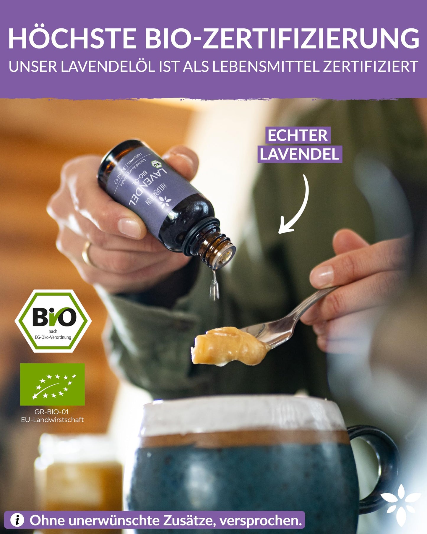 A bottle of Heldengrun Organic Essential Oil 30ml lavendel