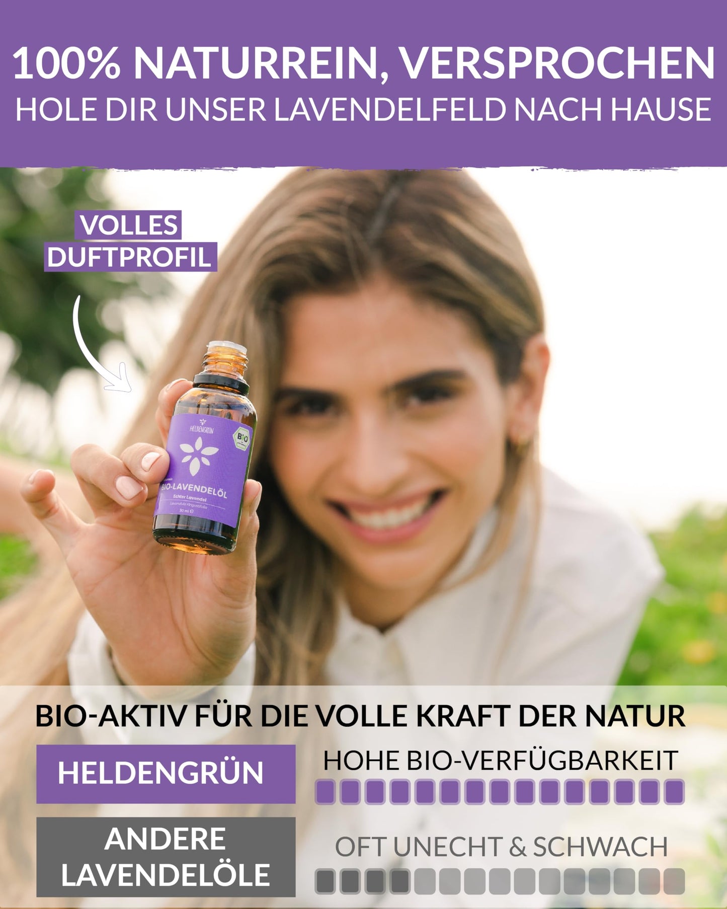 A woman holding a bottle of Heldengrun Organic Essential Oil 30ml lavendel