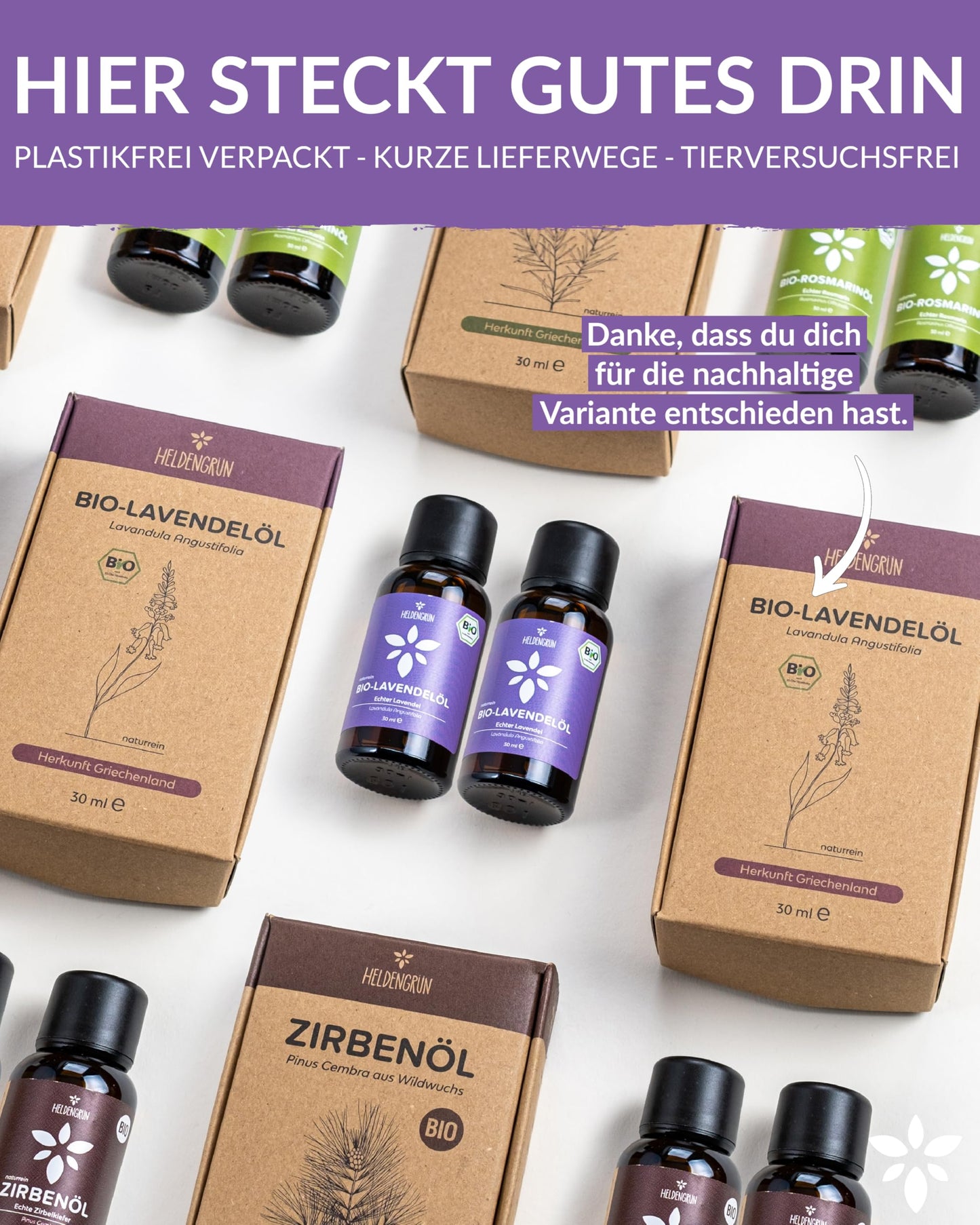Bottles with box of Heldengrun Organic Essential Oil 30ml lavendel