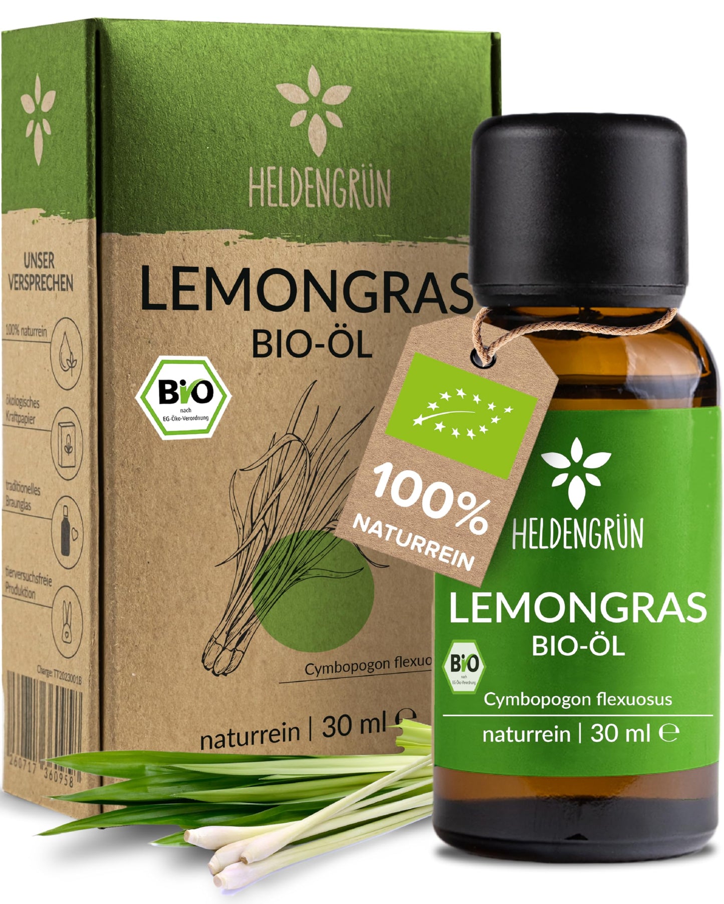 One bottle with box of Heldengrun Organic Essential Oil 30ml lemongras