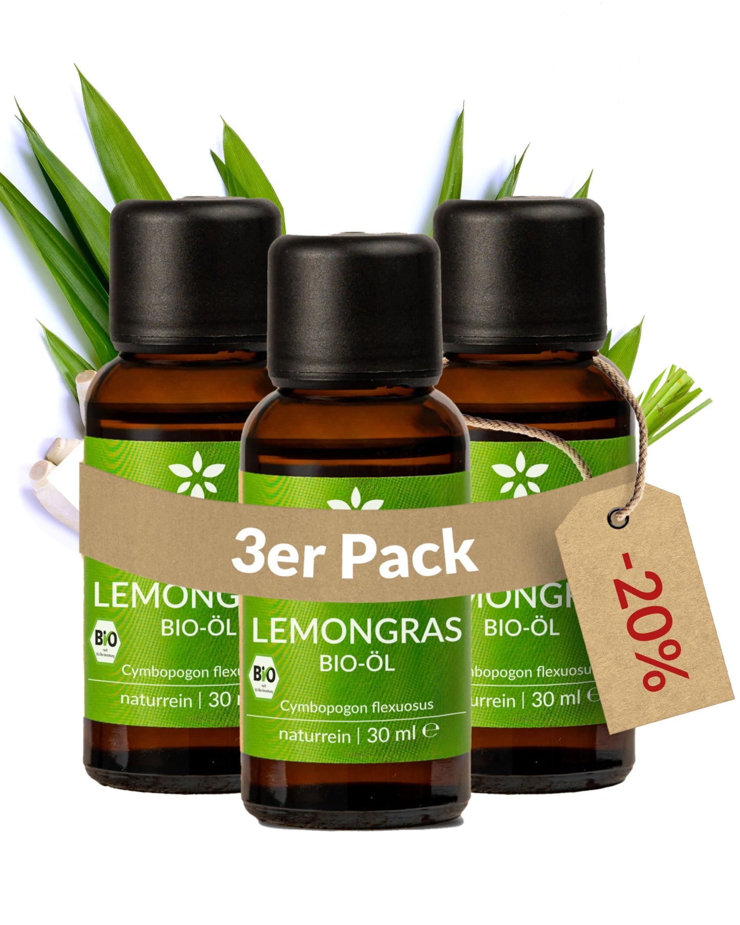 Three bottles of Heldengrun Organic Essential Oil 30ml lemongras