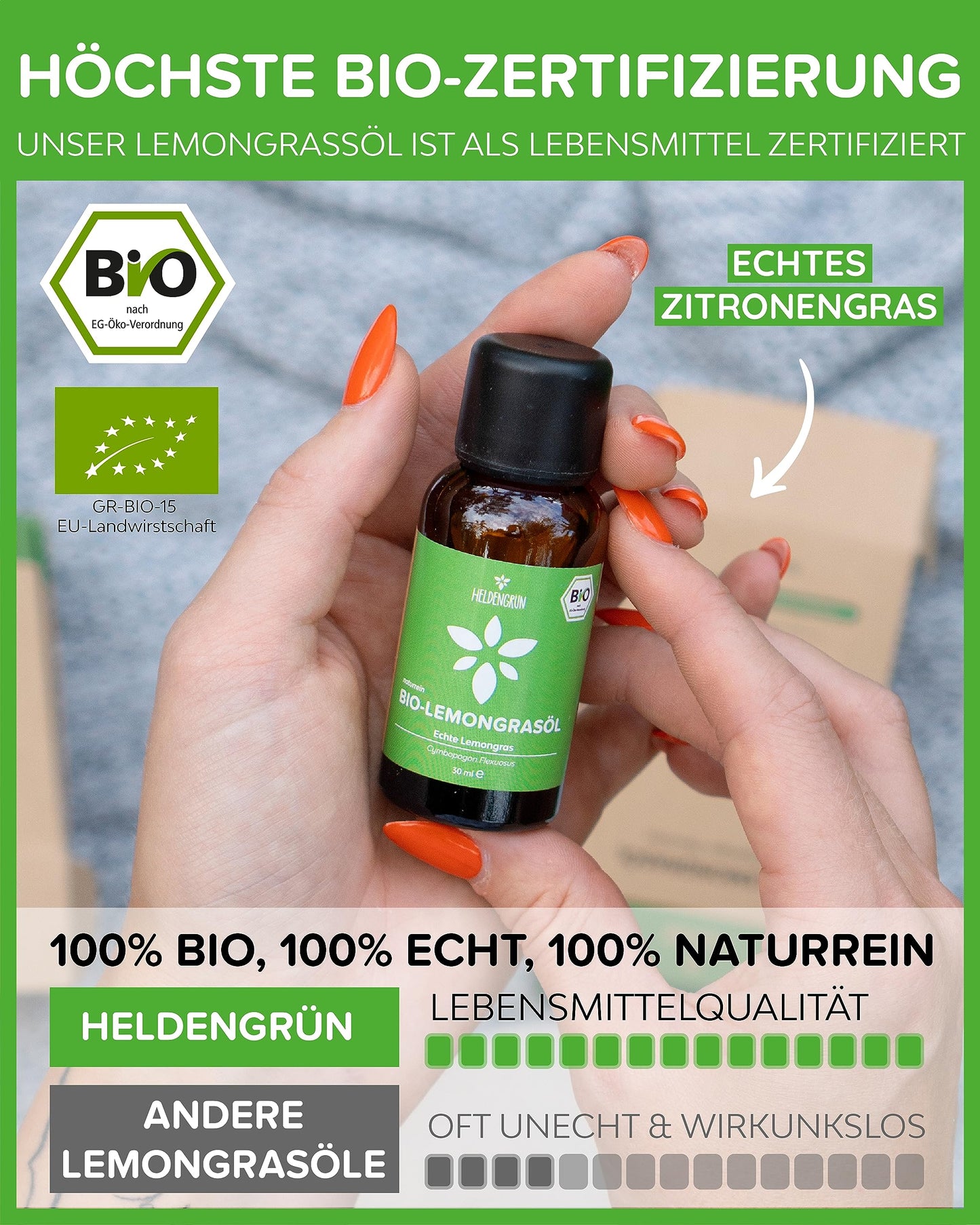 A bottle of Heldengrun Organic Essential Oil 30ml lemongras