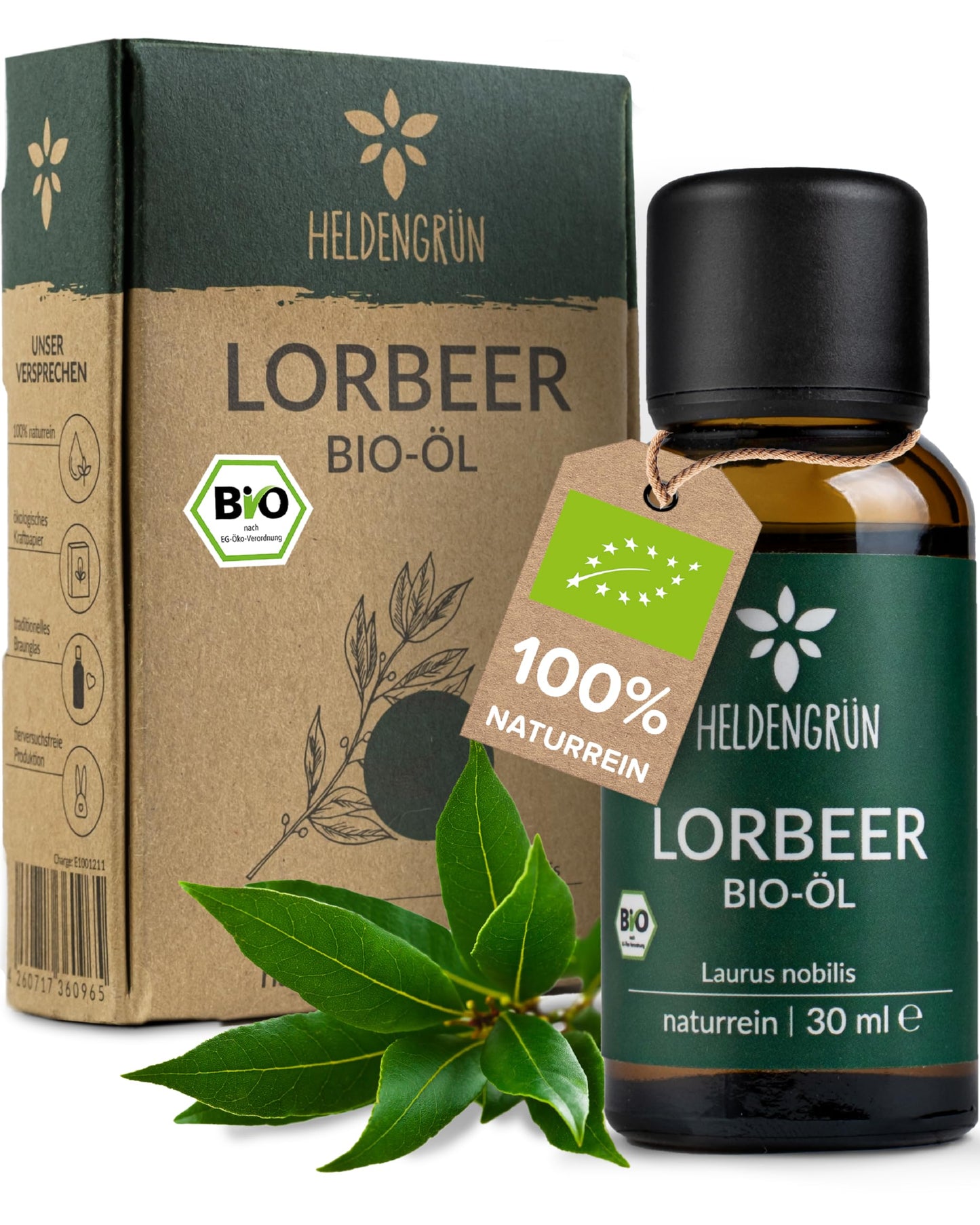 One bottle with box of Heldengrun Organic Essential Oil 30ml lorbeer