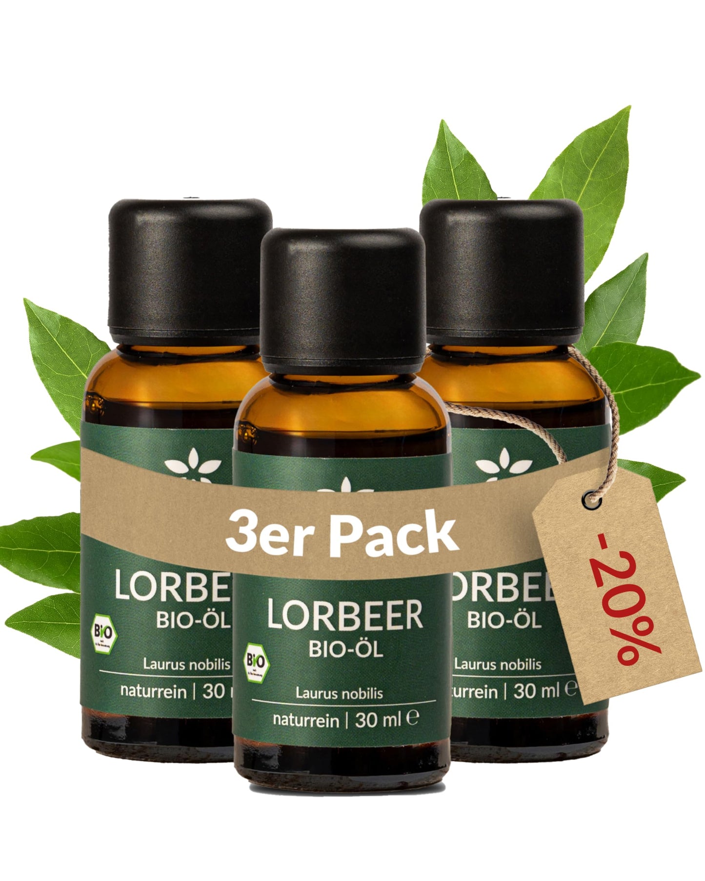 Three bottles of Heldengrun Organic Essential Oil 30ml lorbeer