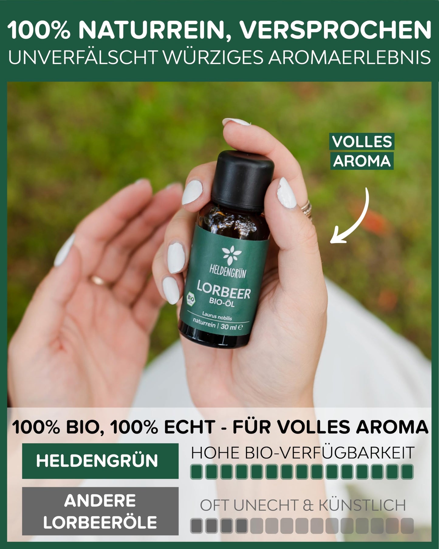 A bottle of Heldengrun Organic Essential Oil 30ml lorbeer
