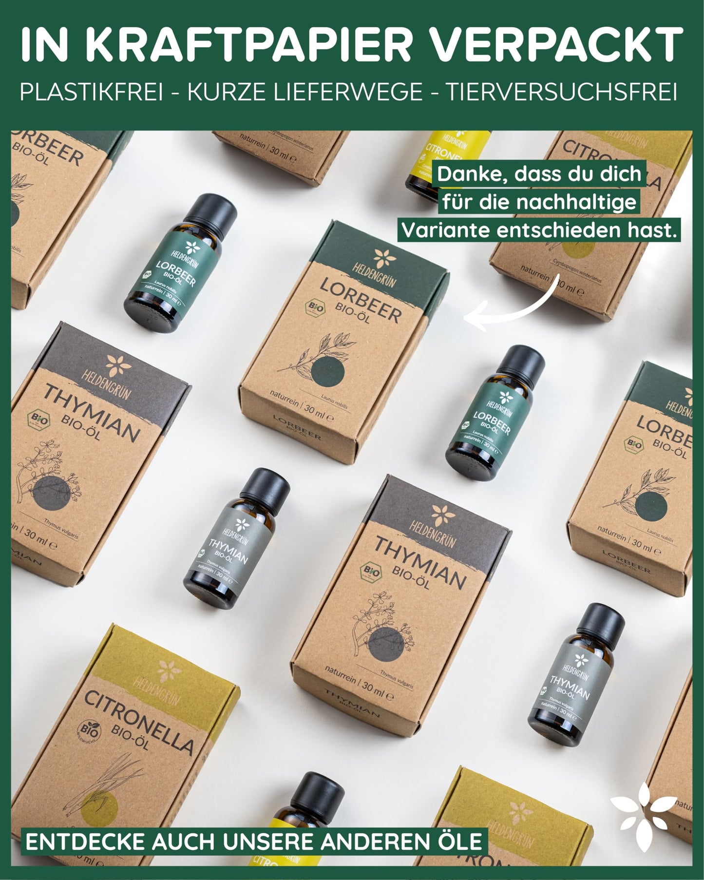 Bottles with box of Heldengrun Organic Essential Oil 30ml