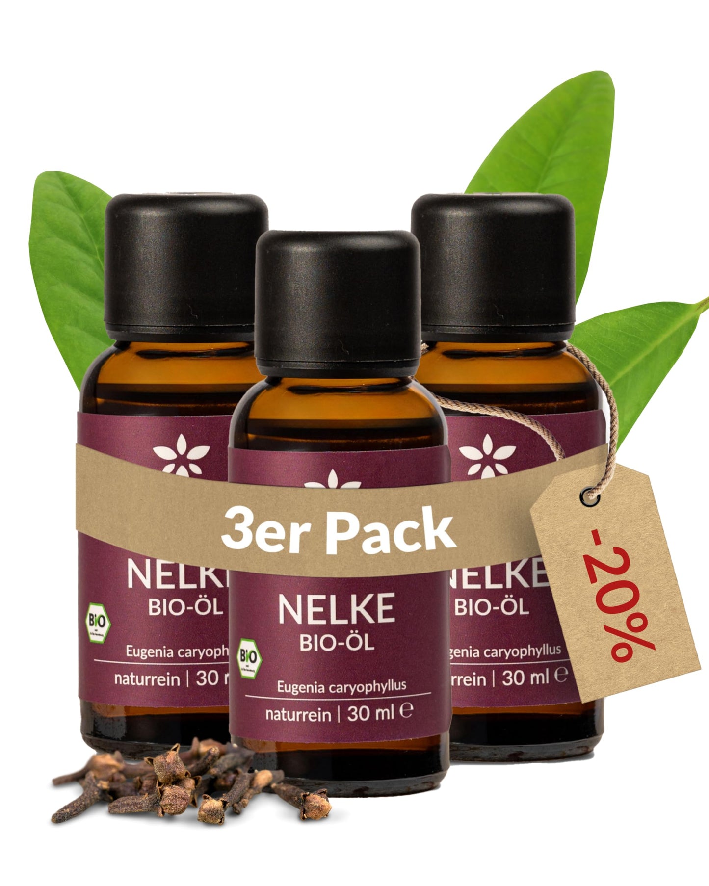Three bottles of Heldengrun Organic Essential Oil 30ml nelke