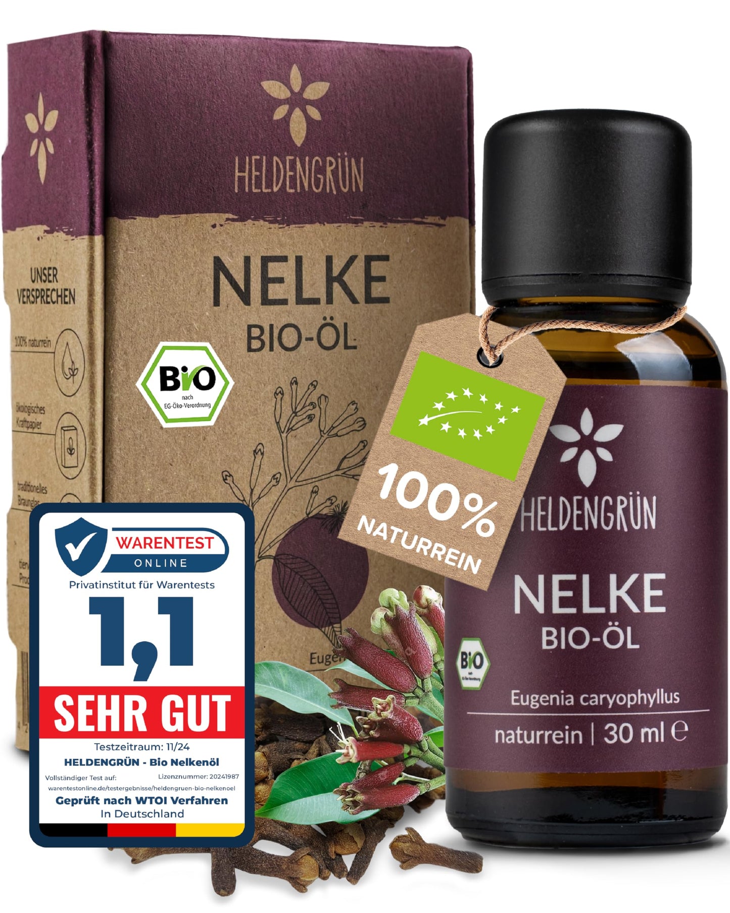One bottle with box Heldengrun Organic Essential Oil 30ml nelke