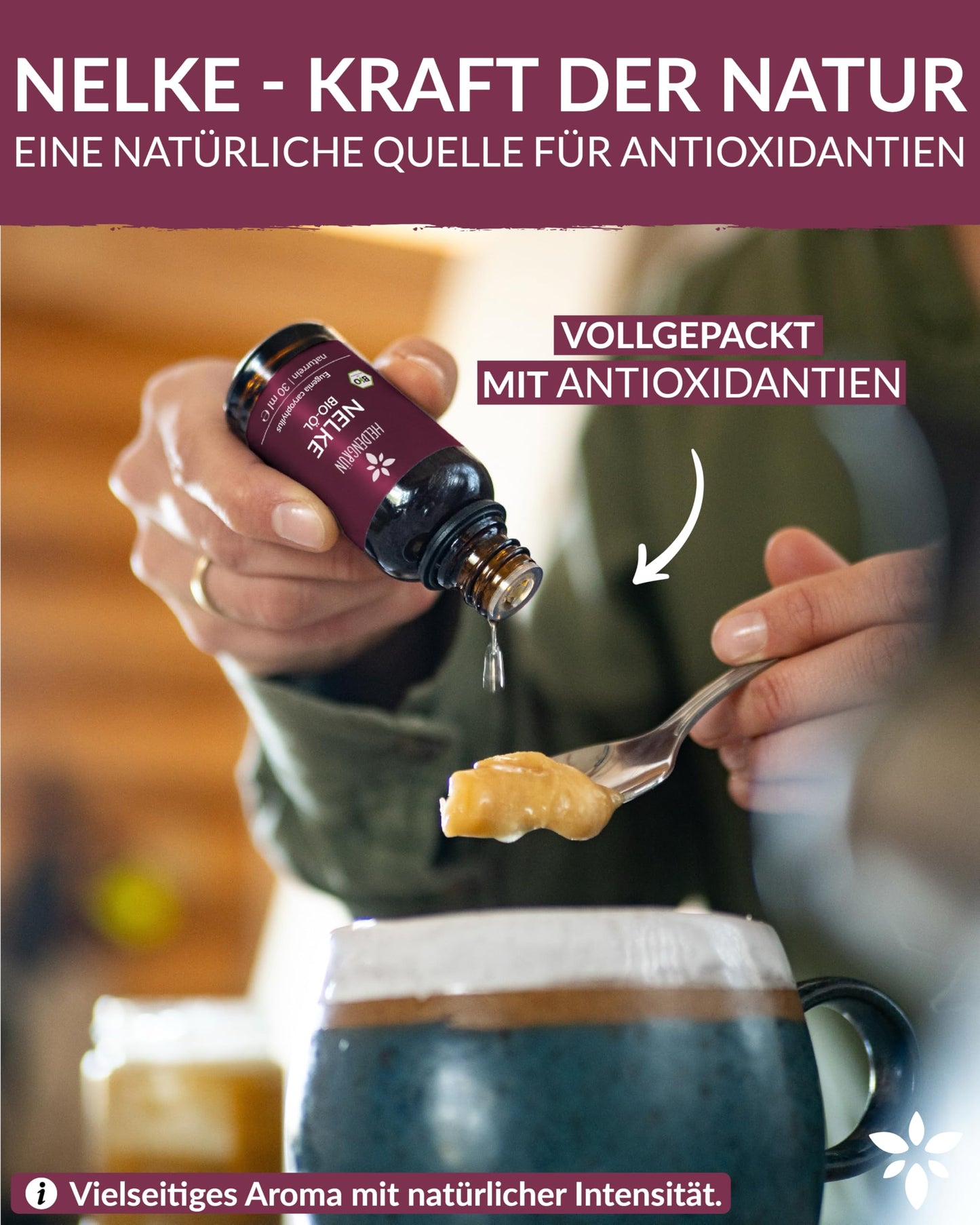 A bottle of Heldengrun Organic Essential Oil 30ml nelke