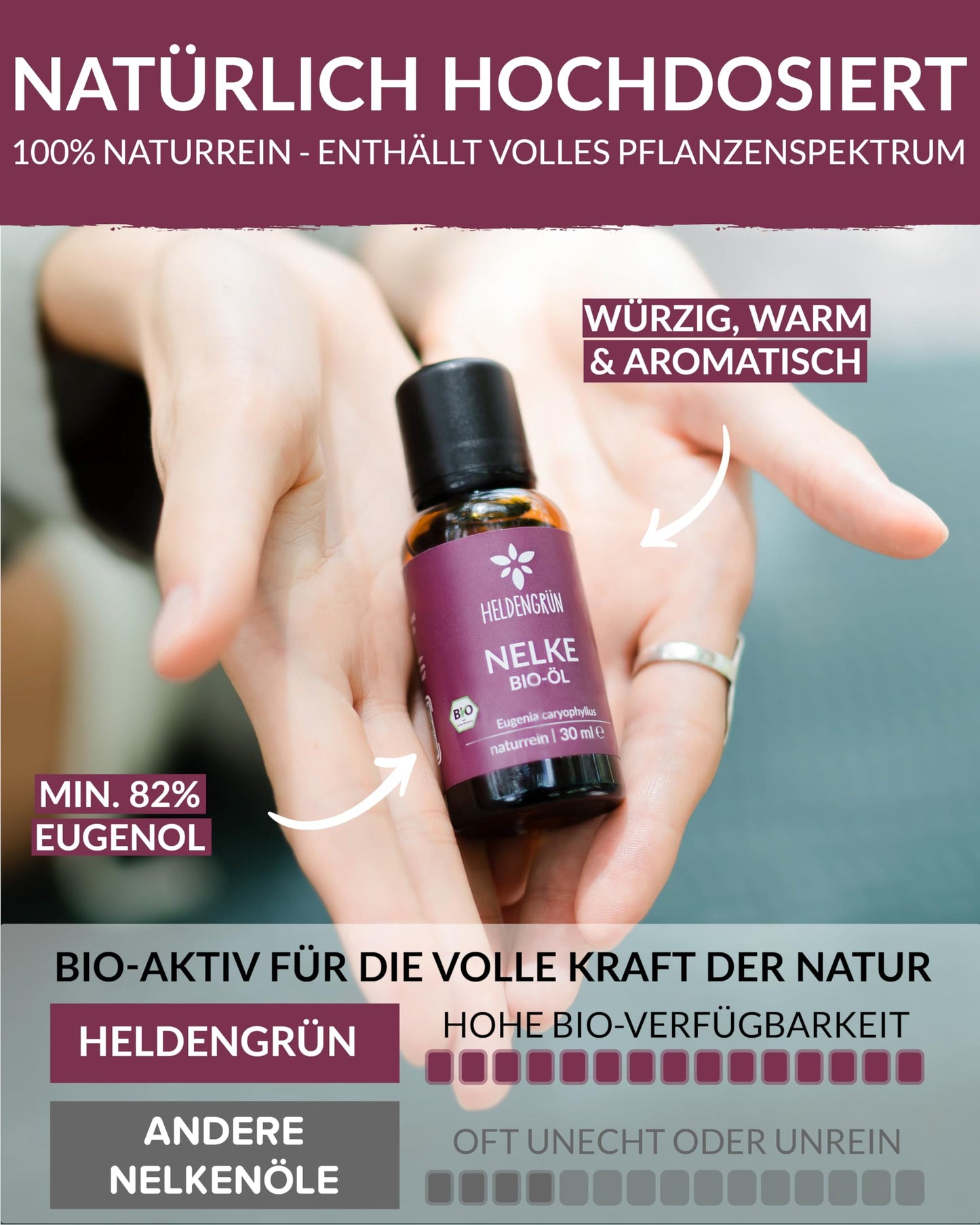A bottle of Heldengrun Organic Essential Oil 30ml nelke