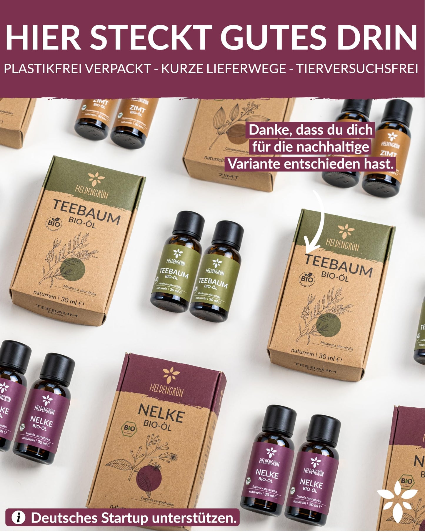 Bottles with box of Heldengrun Organic Essential Oil 30ml