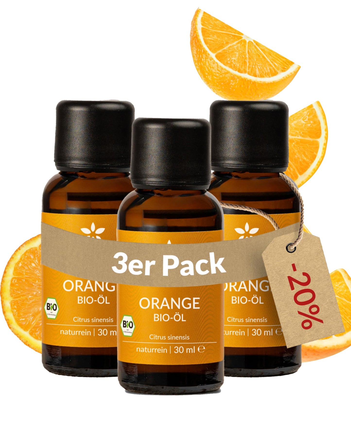 Three bottles of Heldengrun Organic Essential Oil 30ml orange