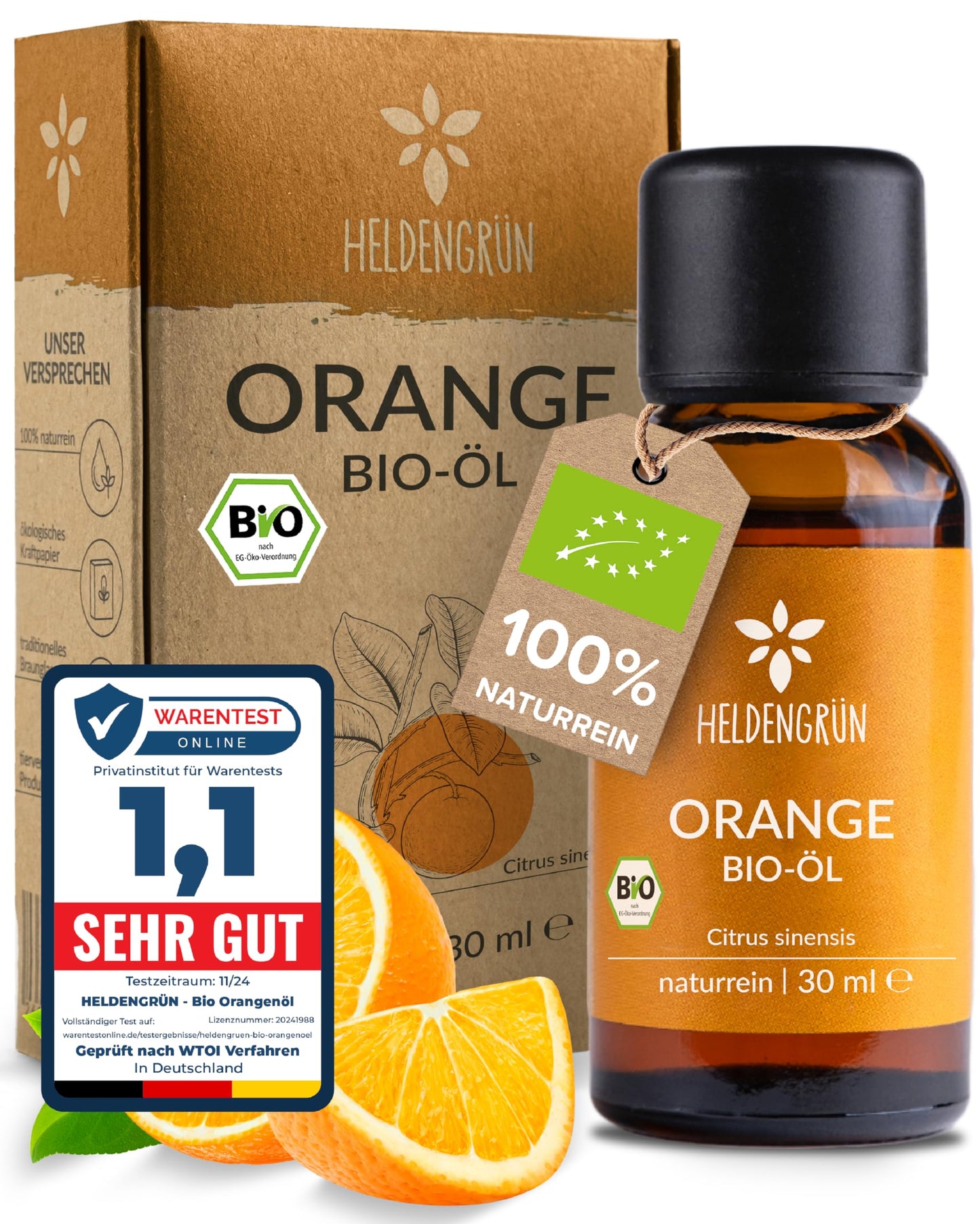 One bottle with box Heldengrun Organic Essential Oil 30ml orange