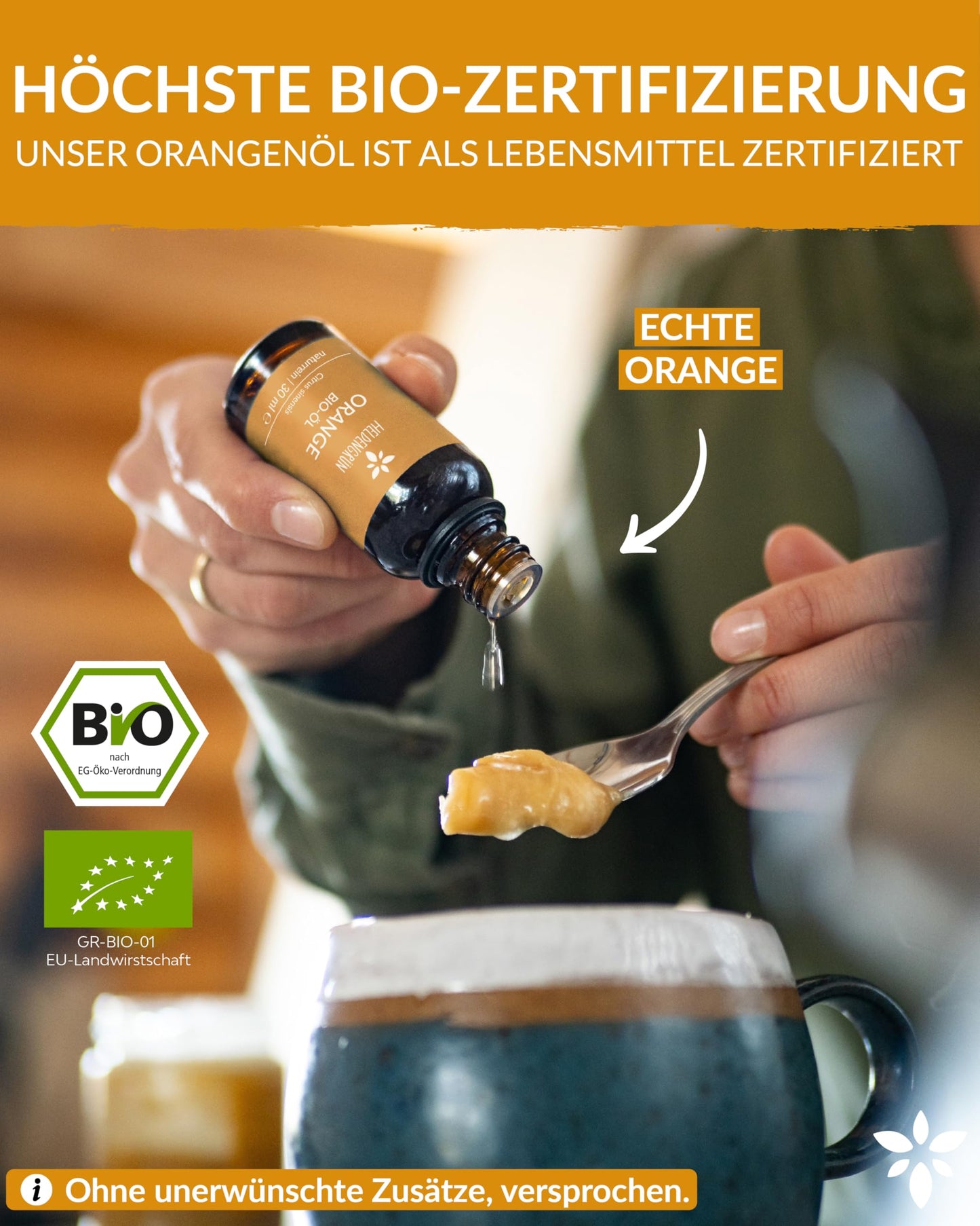 A bottle of Heldengrun Organic Essential Oil 30ml orange