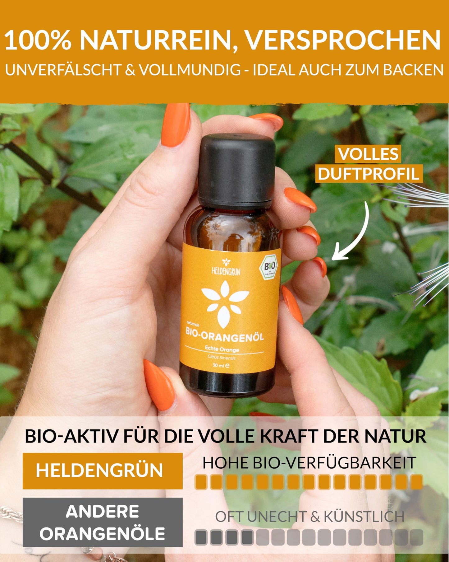 A bottle of Heldengrun Organic Essential Oil 30ml orange