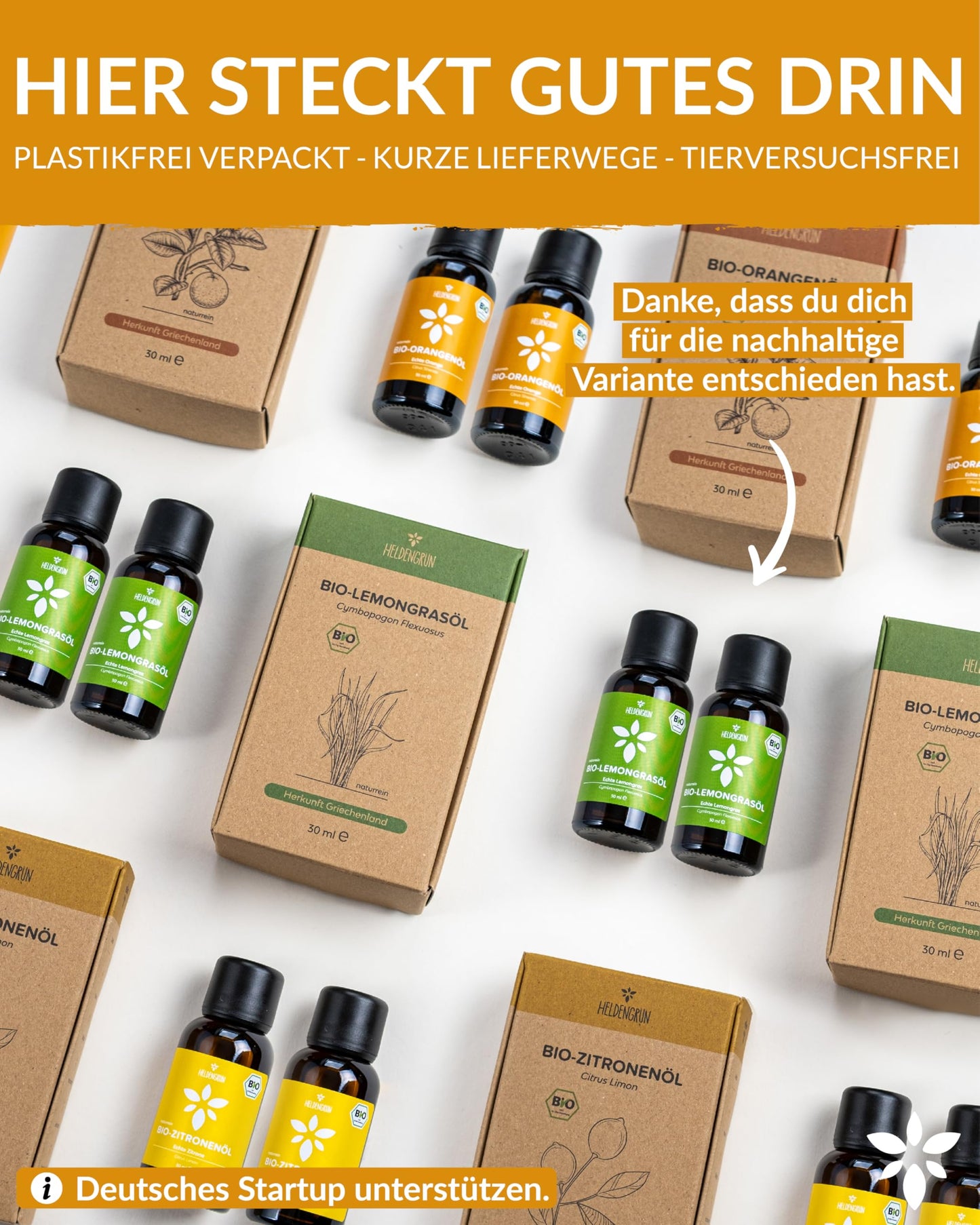 Bottles with box of Heldengrun Organic Essential Oil 30ml orange