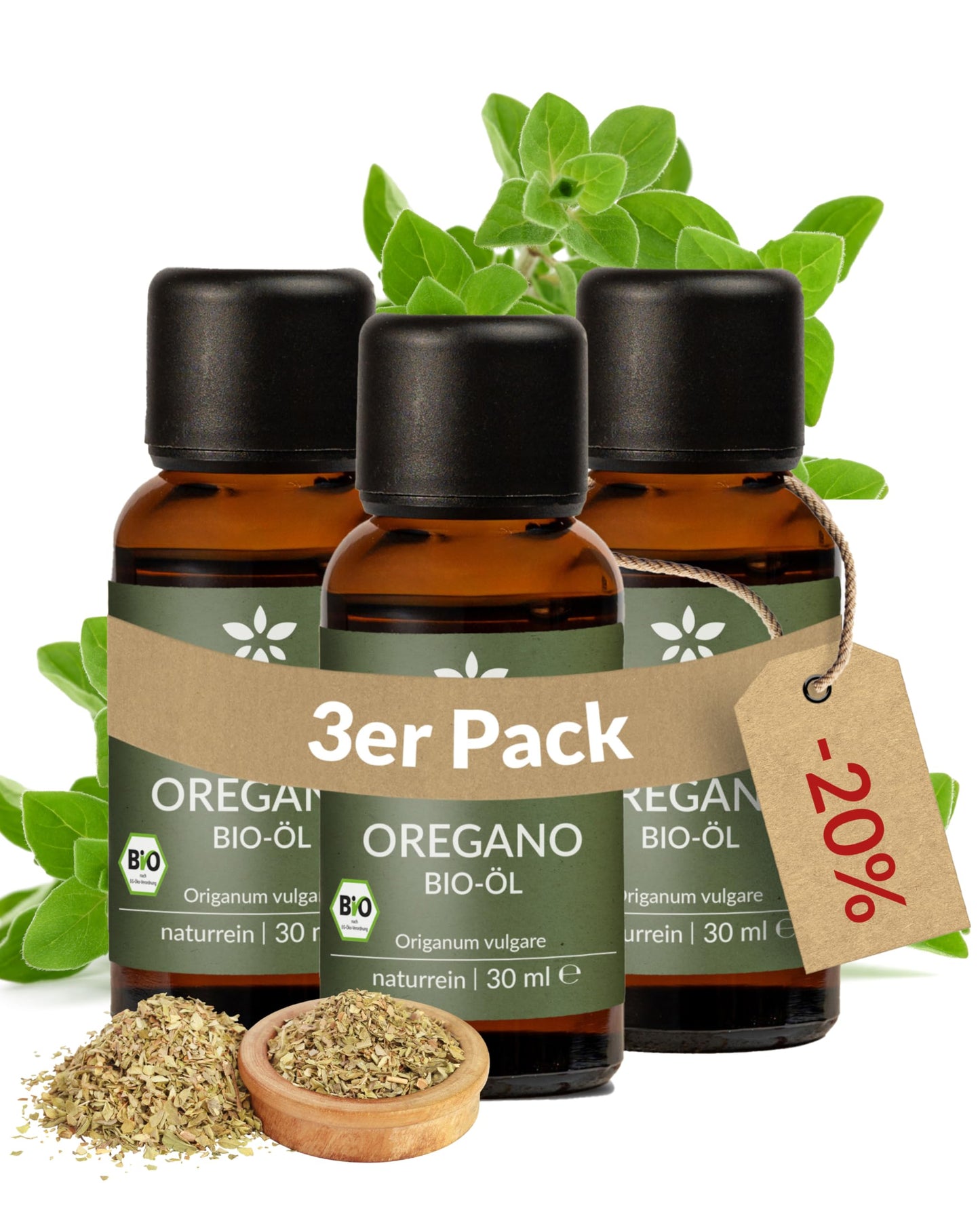 Three bottles of Heldengrun Organic Essential Oil 30ml oregano